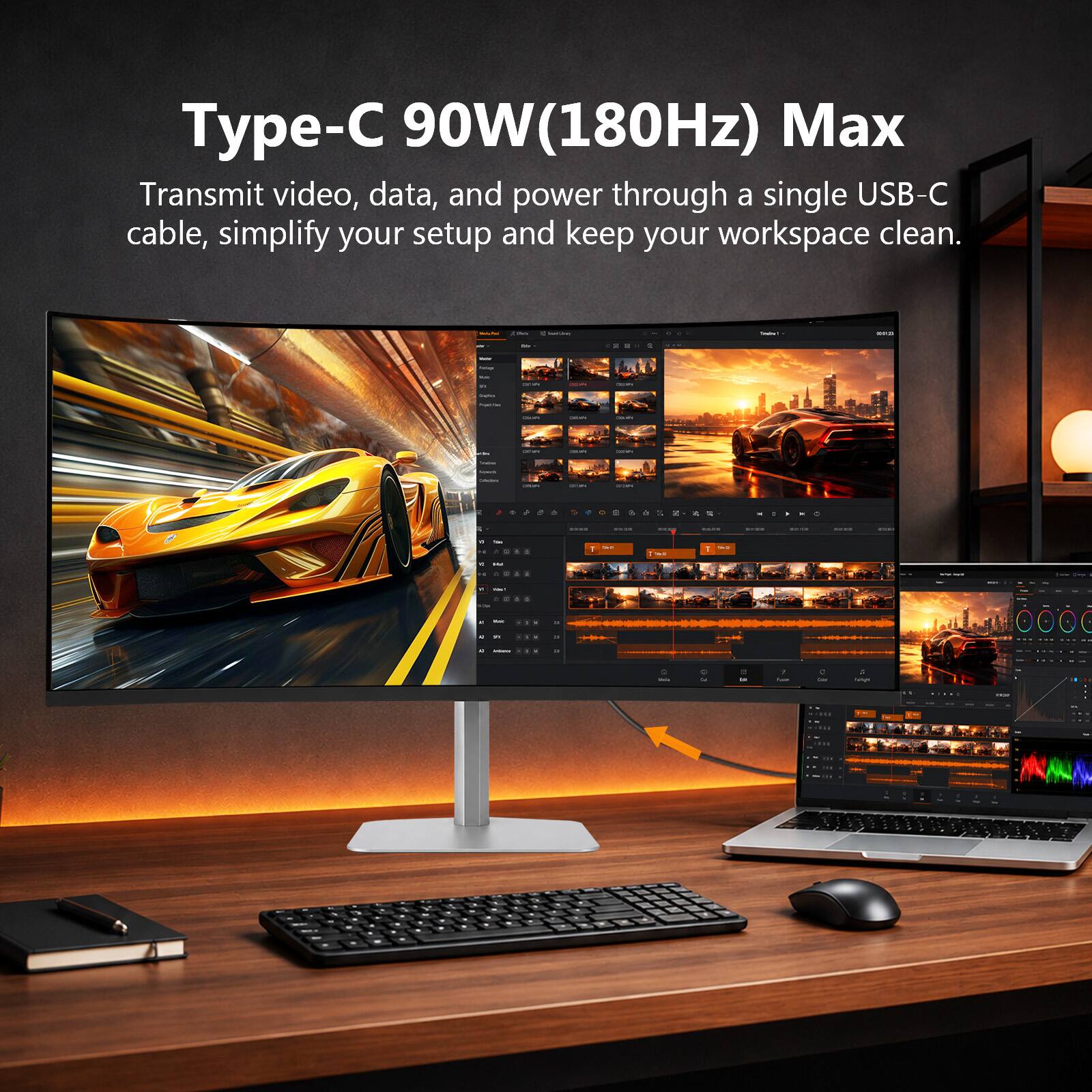 Type-C 90W(180Hz) Max  
Transmit video, data, and power through a single USB-C cable, simplify your setup and keep your workspace clean.
