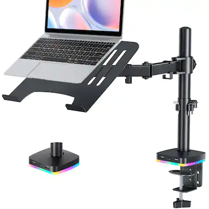 Front. HongFei - RGB Monitor & Laptop Mount Stand with USB Ports, Adjustable for 13–32" Monitor & 11–17" Laptop, VESA Mount, C-Clamp - Black.