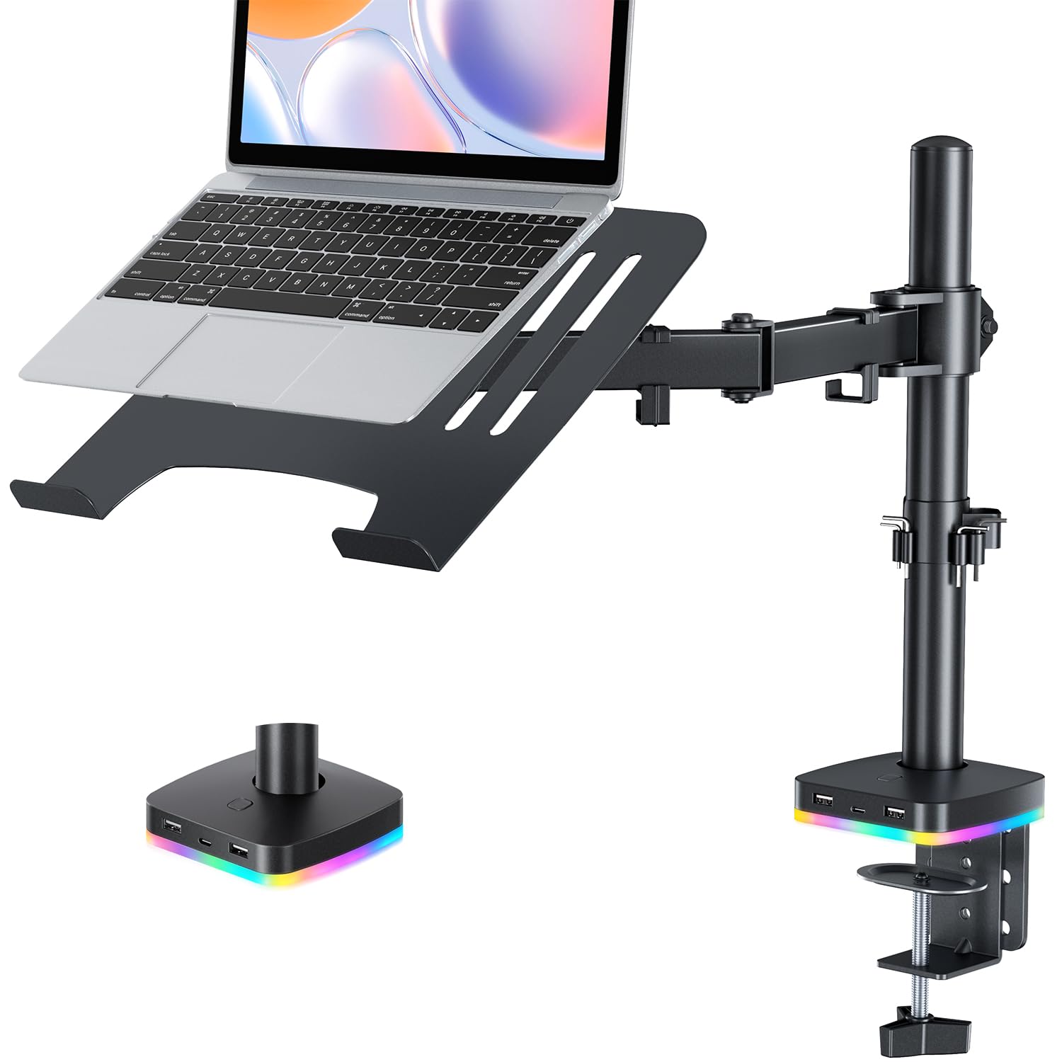 Front. HongFei - RGB Monitor & Laptop Mount Stand with USB Ports, Adjustable for 13–32" Monitor & 11–17" Laptop, VESA Mount, C-Clamp - Black.