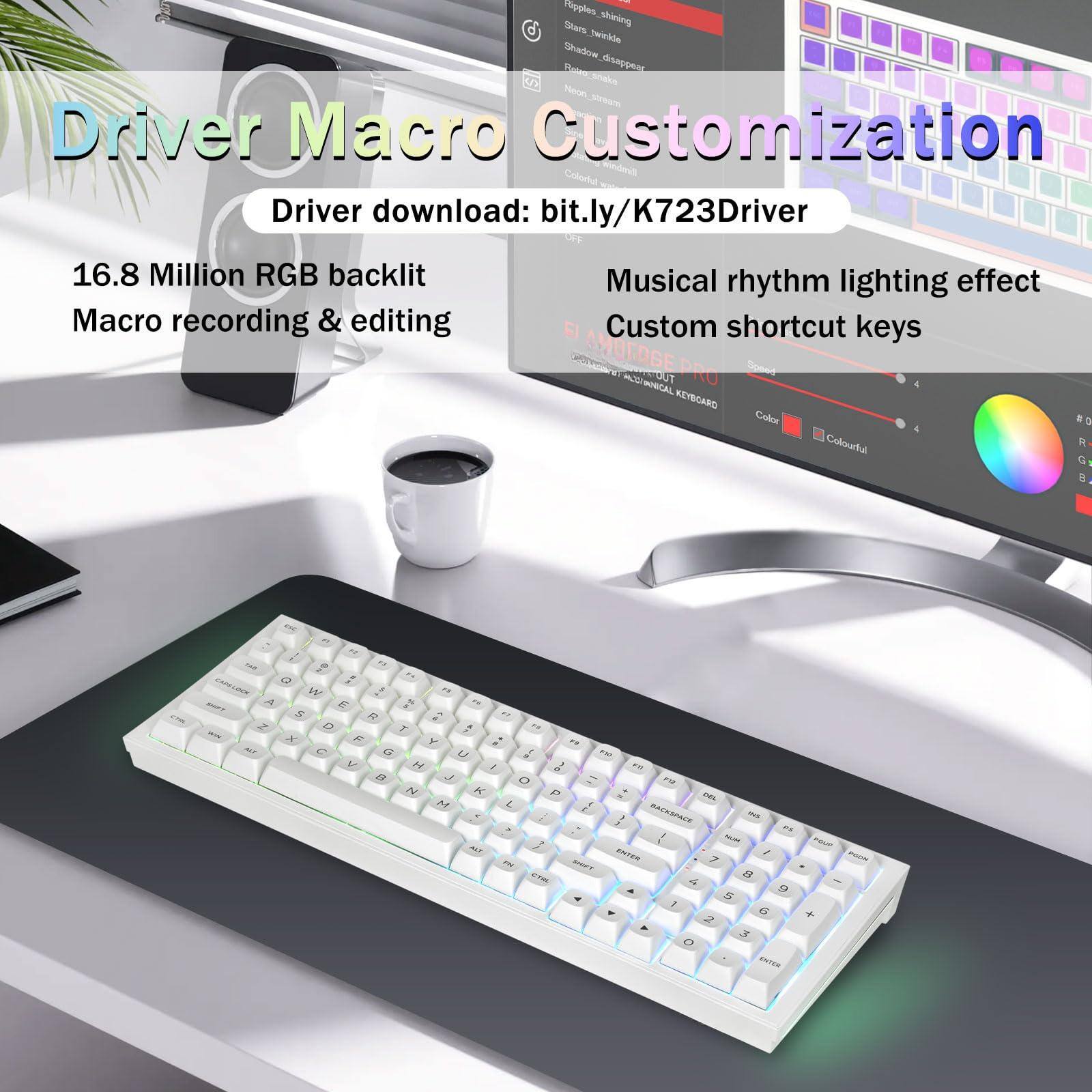 Driver Macro Customization

Driver download: bit.ly/K723Driver

16.8 Million RGB backlit  
Macro recording & editing

Musical rhythm lighting effect  
Custom shortcut keys