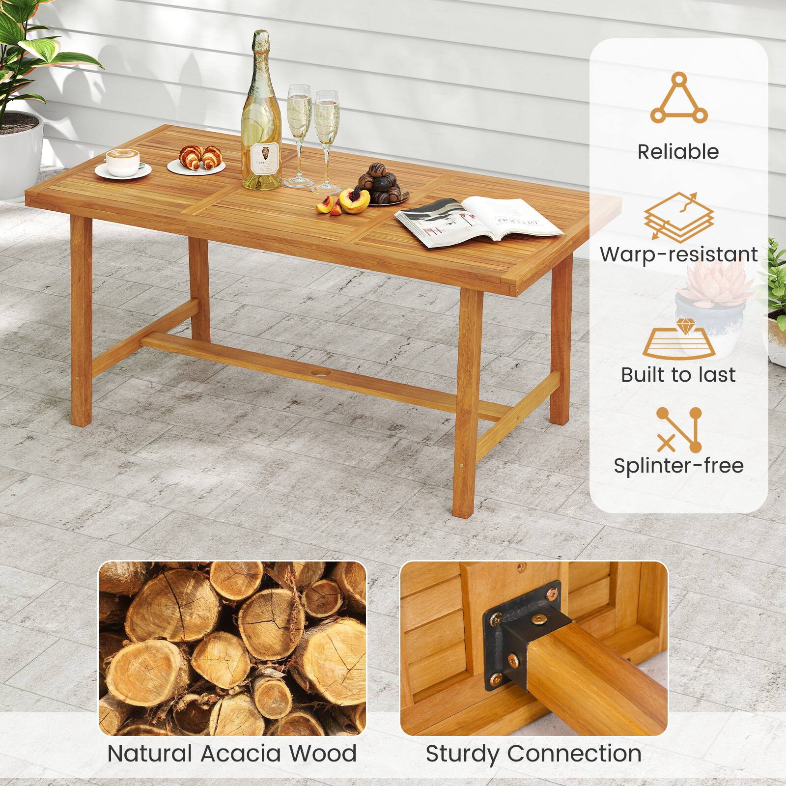 - Reliable
- Warp-resistant
- Built to last
- Splinter-free
- Natural Acacia Wood
- Sturdy Connection