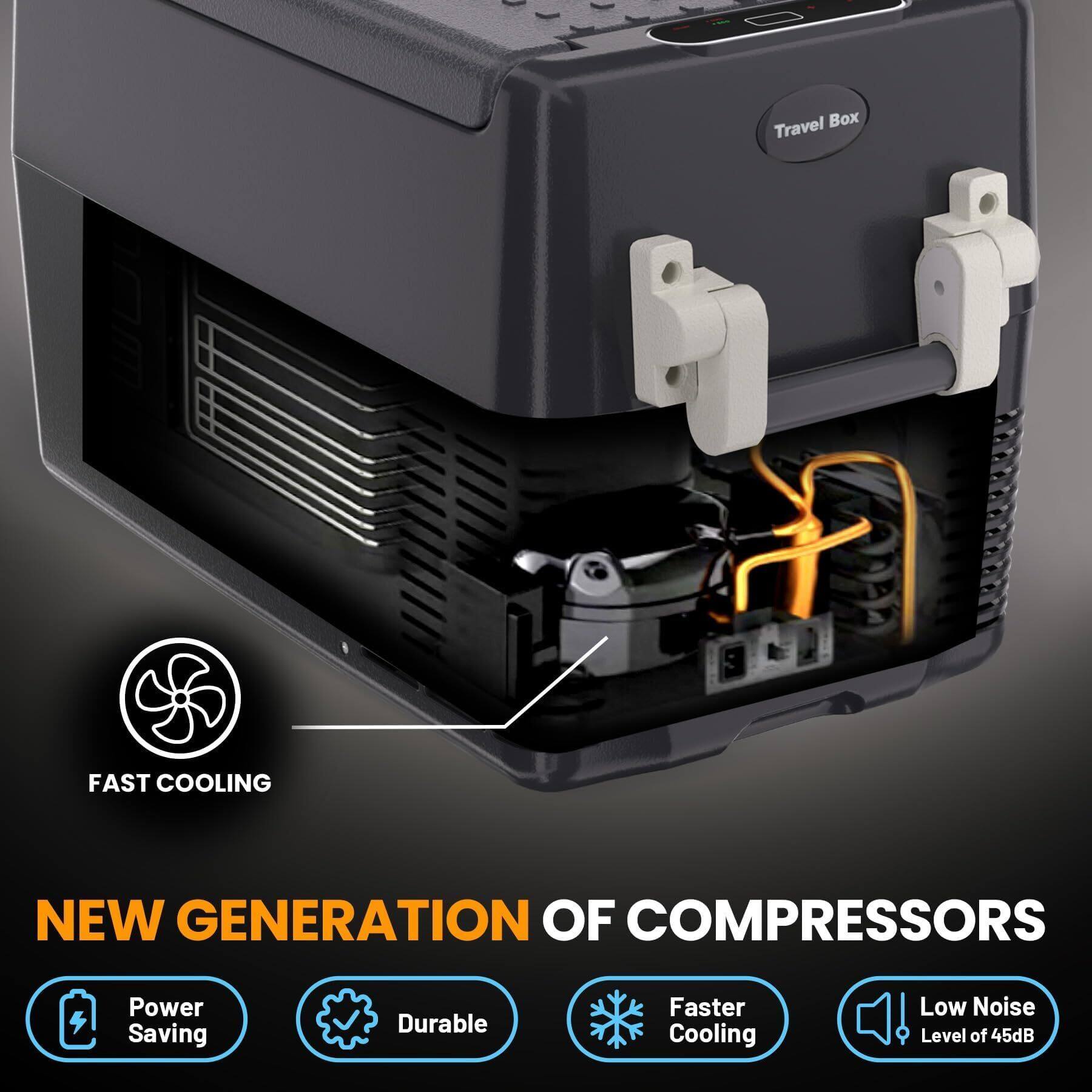 Travel Box

FAST COOLING

NEW GENERATION OF COMPRESSORS

- Power Saving
- Durable
- Faster Cooling
- Low Noise Level of 45dB