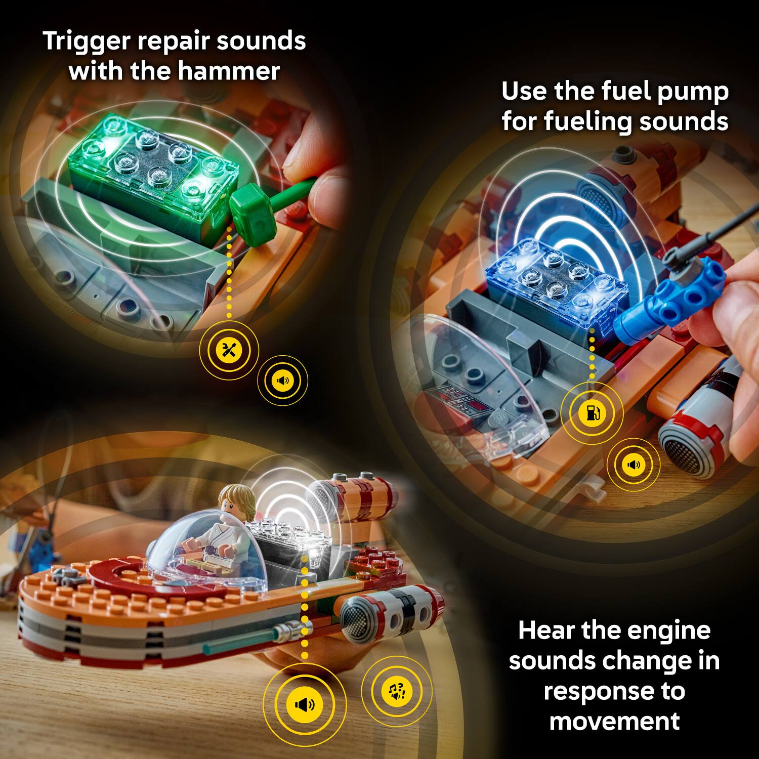 Trigger repair sounds with the hammer

Use the fuel pump for fueling sounds

Hear the engine sounds change in response to movement