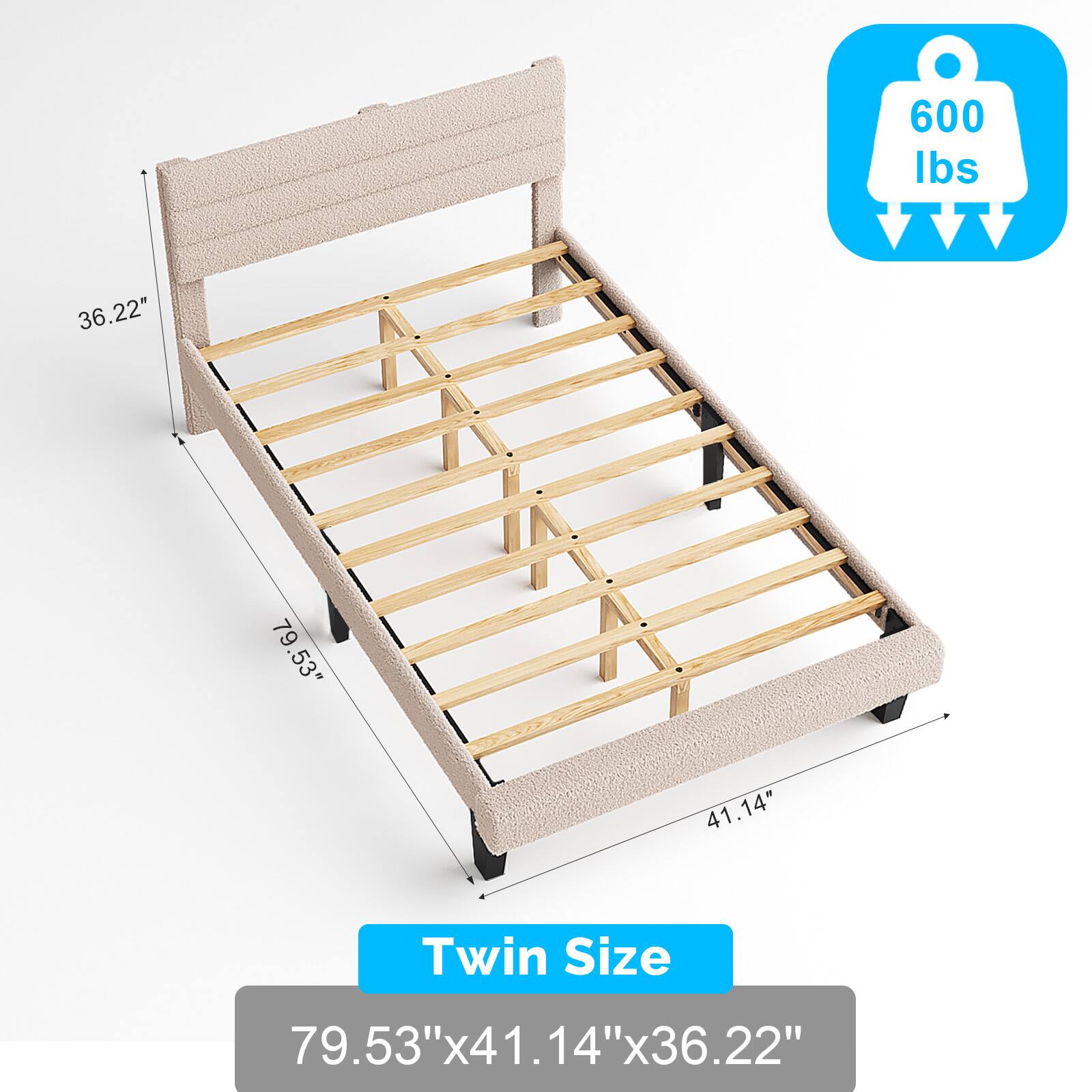 600 lbs  
36.22"  
79.53"  
41.14"  
Twin Size  
79.53"x41.14"x36.22"