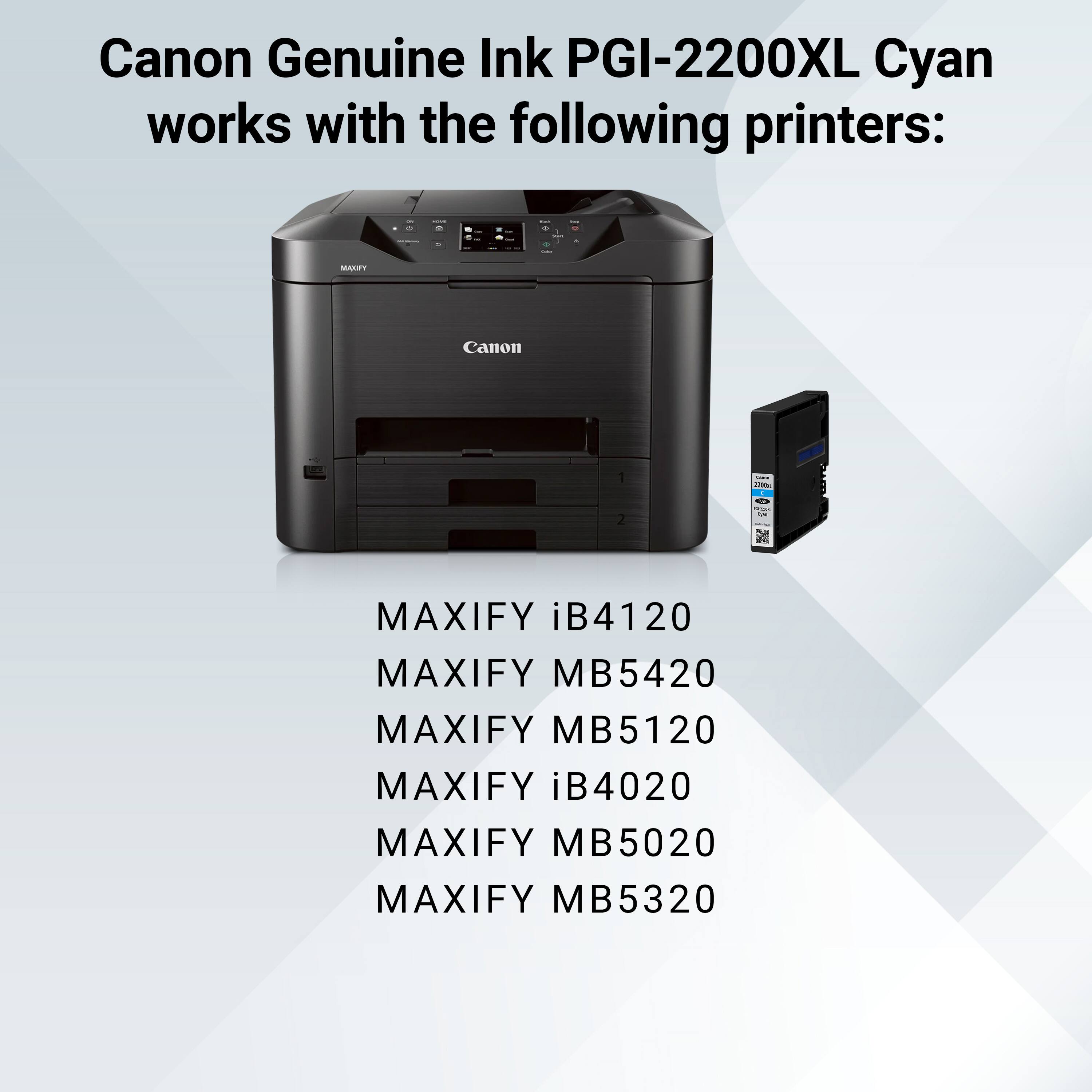 Canon Genuine Ink PGI-2200XL Cyan works with the following printers:

- MAXIFY iB4120
- MAXIFY MB5420
- MAXIFY MB5120
- MAXIFY iB4020
- MAXIFY MB5020
- MAXIFY MB5320