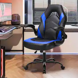 AOITUN - Ergonomic Gaming Chair, High Back PU Leather Computer Desk Chair with Flip-up Armrests & Adjustable Height, Black - Blue