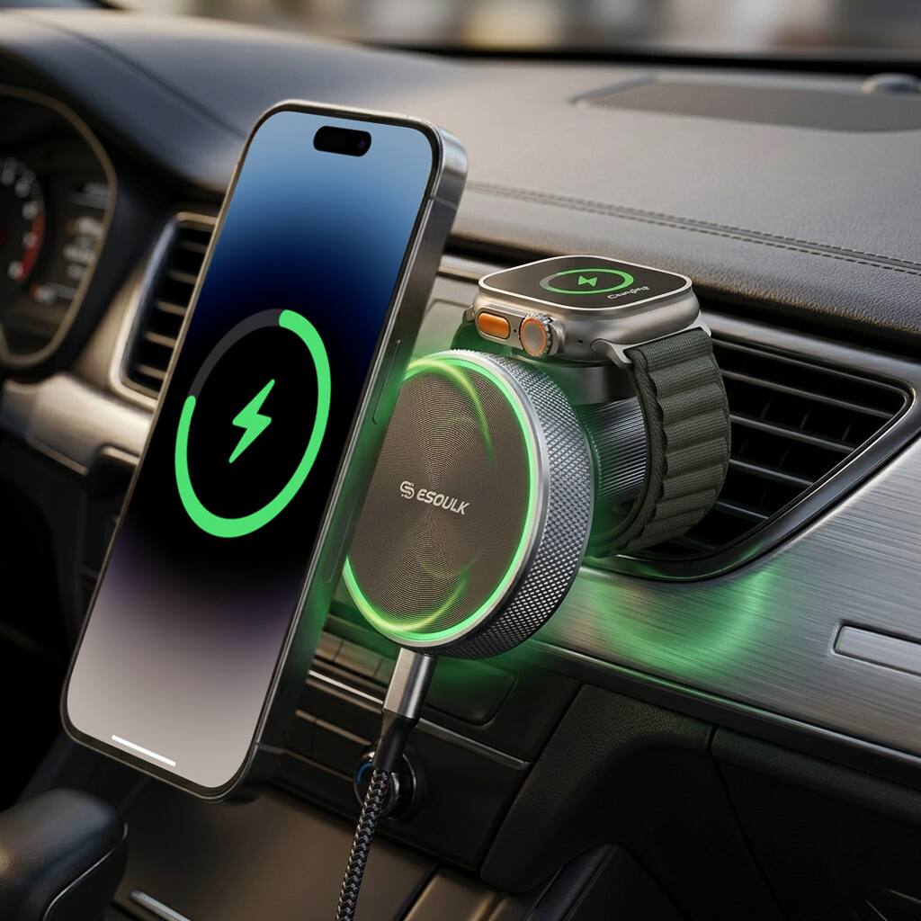 Esoulk - 2-in-1 Wireless Charger for iPhone 12-17 Series, Apple Watch, Smart Watch Compact Charging Mount - Black