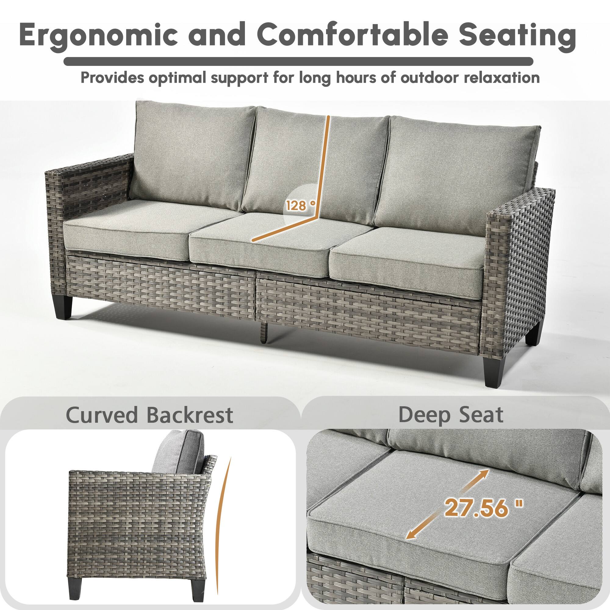 Ergonomic and Comfortable Seating  
Provides optimal support for long hours of outdoor relaxation  

Curved Backrest  
128°  

Deep Seat  
27.56"