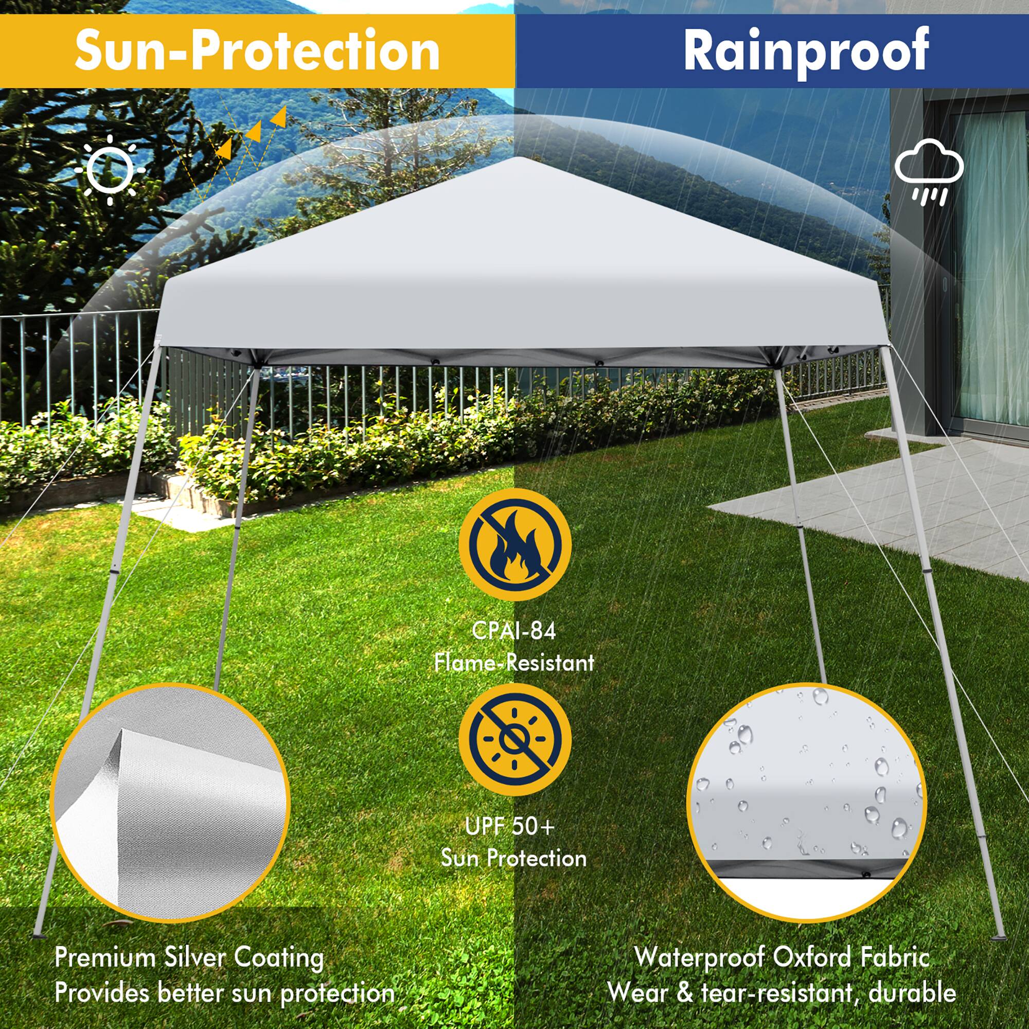 Sun-Protection  
Rainproof  

CPAI-84 Flame-Resistant  
UPF 50+ Sun Protection  

Premium Silver Coating  
Provides better sun protection  

Waterproof Oxford Fabric  
Wear & tear-resistant, durable
