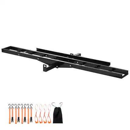 Front. VEVOR - Motorcycle Carrier, 500 lbs Capacity, Heavy Duty Steel Hitch Mount Rack with 47in Ramp, Ratchet Straps & Stabilizer - Black.