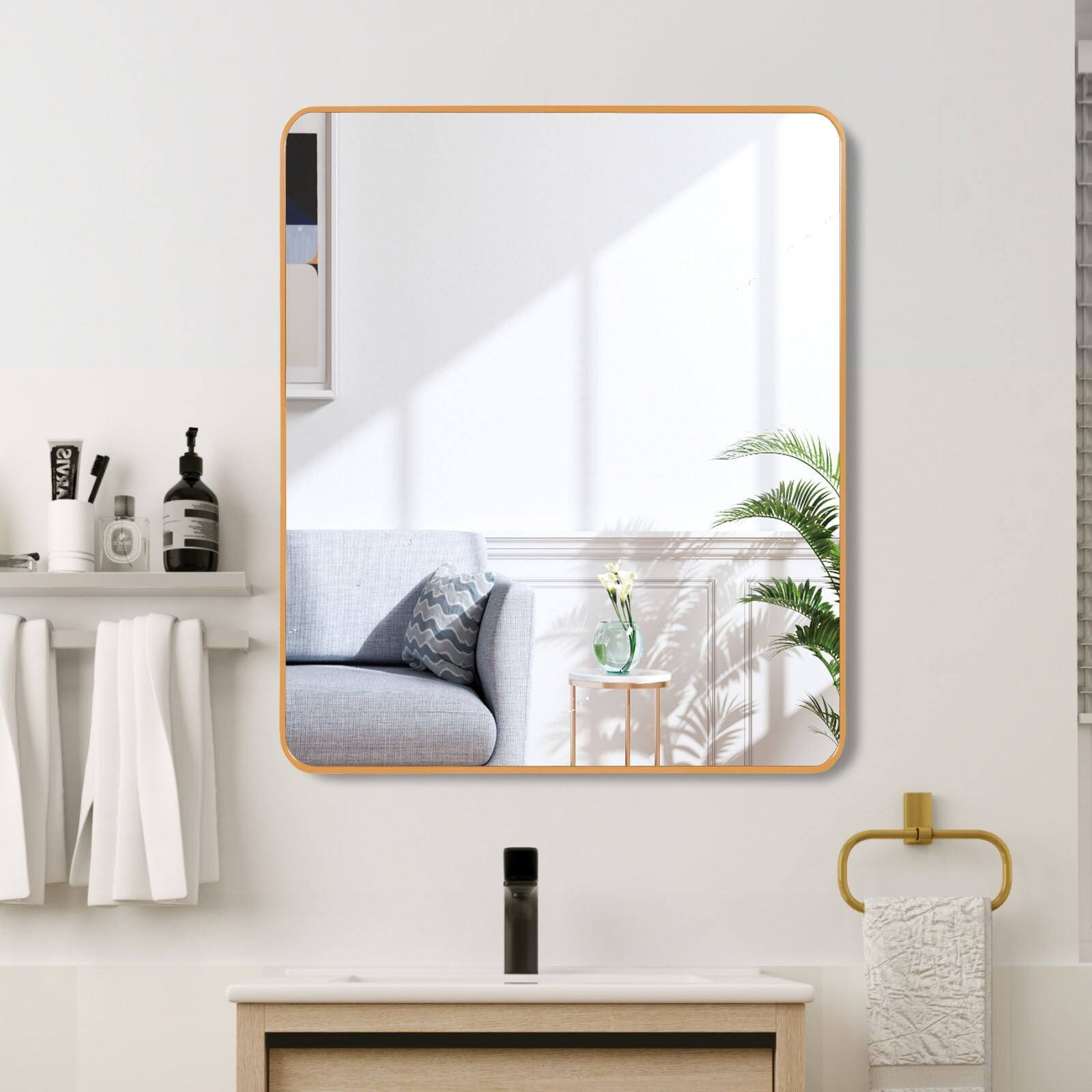 BreeBe - 36in x 36in Inch Metal Framed Square Bathrrom Mirror for Wall - Gold