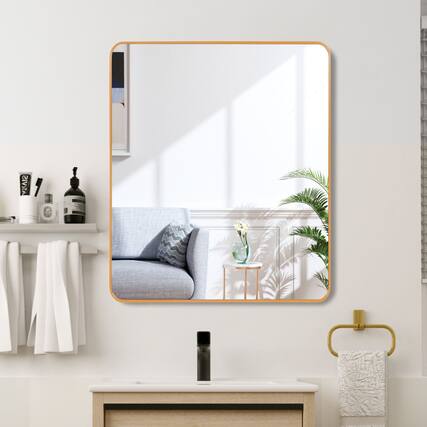 Front. BreeBe - 36in x 36in Inch Gold Metal Framed Square Bathrrom Mirror for Wall. - Gold.