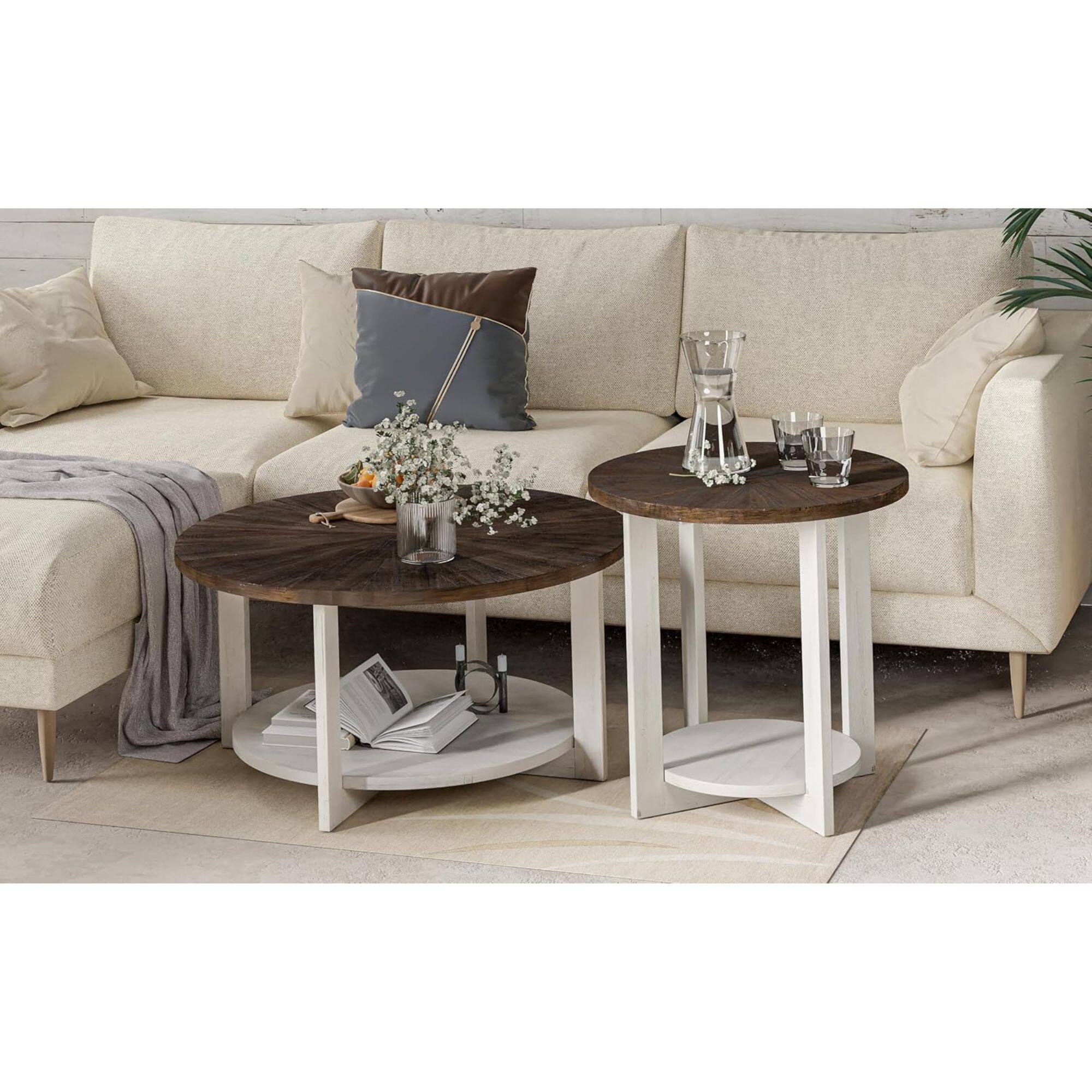 Alt View 7. COZAYH - COZAYH Rustic Farmhouse Large Round Wood Coffee Table with Storage Shelf, Brown - White & Brown.