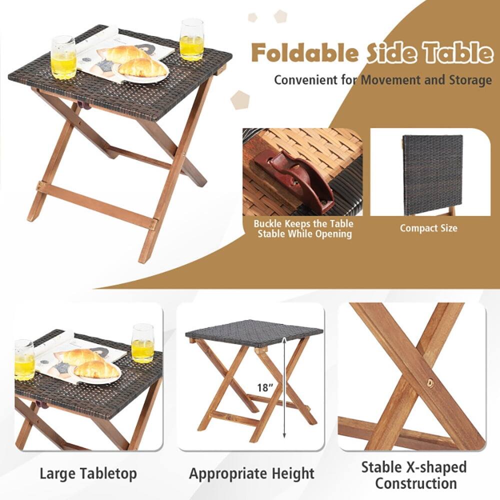 Foldable Side Table  
Convenient for Movement and Storage  

Buckle Keeps the Table Stable While Opening  

Compact Size 18"  

Large Tabletop  

Appropriate Height  

Stable X-shaped Construction