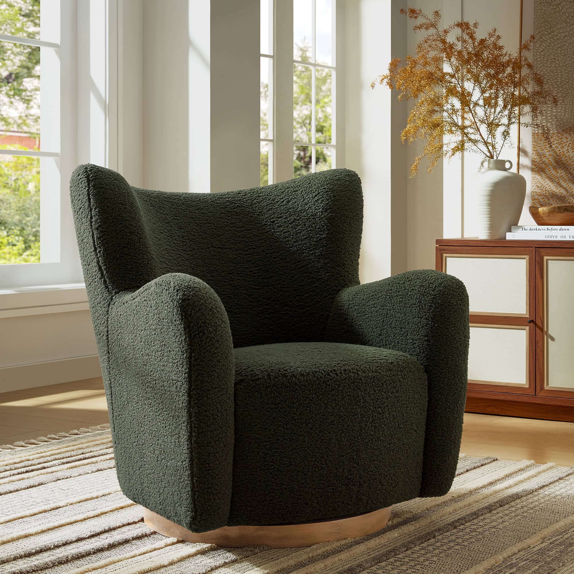 Montrose Wingback Sherpa Swivel Accent Chair by Modway - Fern Walnut