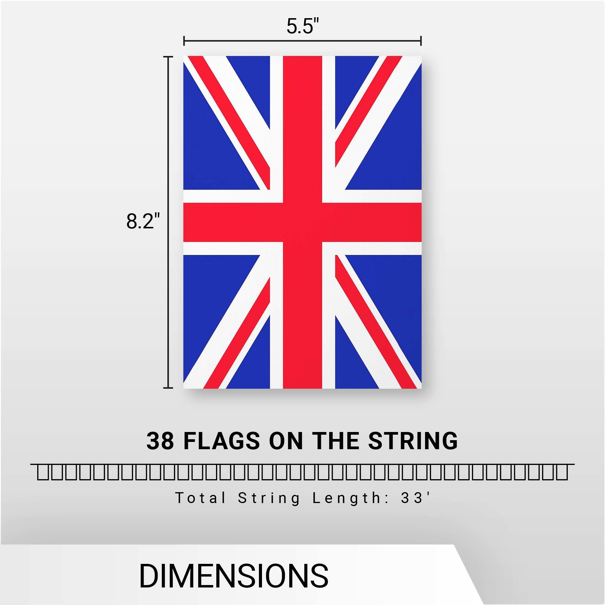 5.5"  
8.2"  
38 FLAGS ON THE STRING  
Total String Length: 33'  
DIMENSIONS