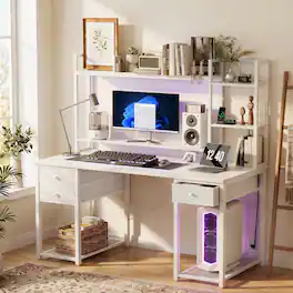 Aheaplus - Computer Desk with Hutch, Gaming Desk with Drawers, LED Lights, Outlets, and Monitor Stand - White