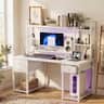 Aheaplus - Computer Desk with Hutch, Gaming Desk with Drawers, LED Lights, Outlets, and Monitor Stand - White