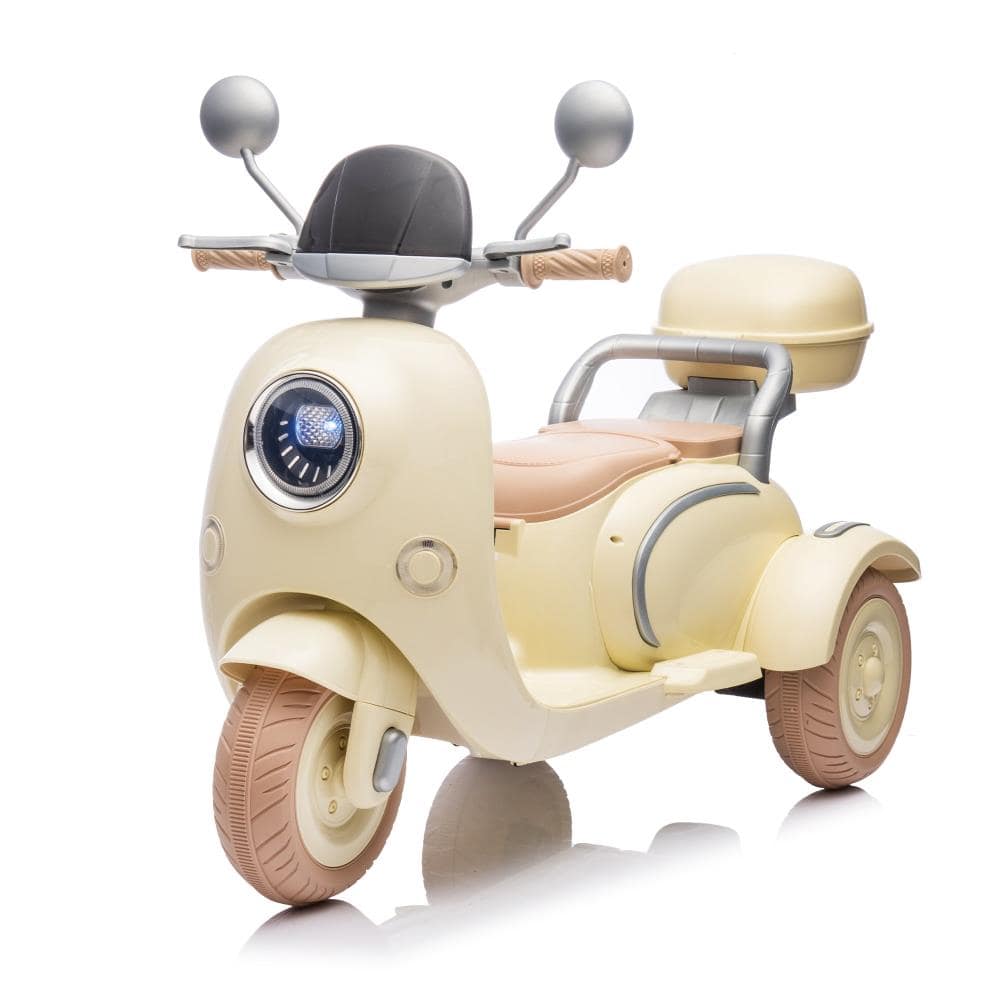BreeBe - 12V Two-Motor Kids Ride On Two-Seater Electric Motorcycle, 3-Wheel w/ Music, USB, Storage, LED Lights, Ages 3-6 - Beige