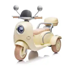 BreeBe - 12V Two-Motor Kids Ride On Two-Seater Electric Motorcycle, 3-Wheel w/ Music, USB, Storage, LED Lights, Ages 3-6 - Beige