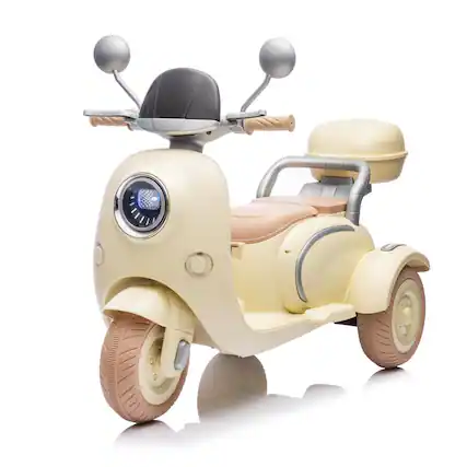 Front. BreeBe - 12V Two-Motor Kids Ride On Two-Seater Electric Motorcycle, 3-Wheel w/ Music, USB, Storage, LED Lights, Ages 3-6 - Beige.