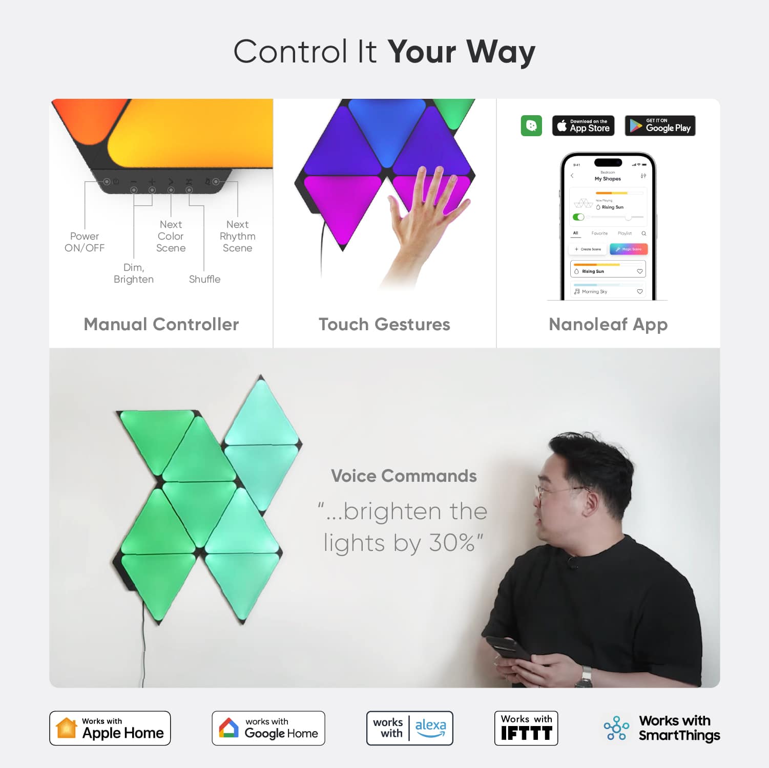 Control It Your Way
* App Store
* Google Play
* myShopify
* Power ON/OFF
* Next Color Scene
* Next Rhythm Scene
* I'm Dim, Brighten Shuffle mamg - muning is Manual Controller
* Touch Gestures
* Nanoleaf App
* Voice Commands
* "...brighten the lights by 30%"
* Works with Apple Home
* Works with Google Home
* Works with Alexa
* Works with IFTTT
* Works with SmartThings