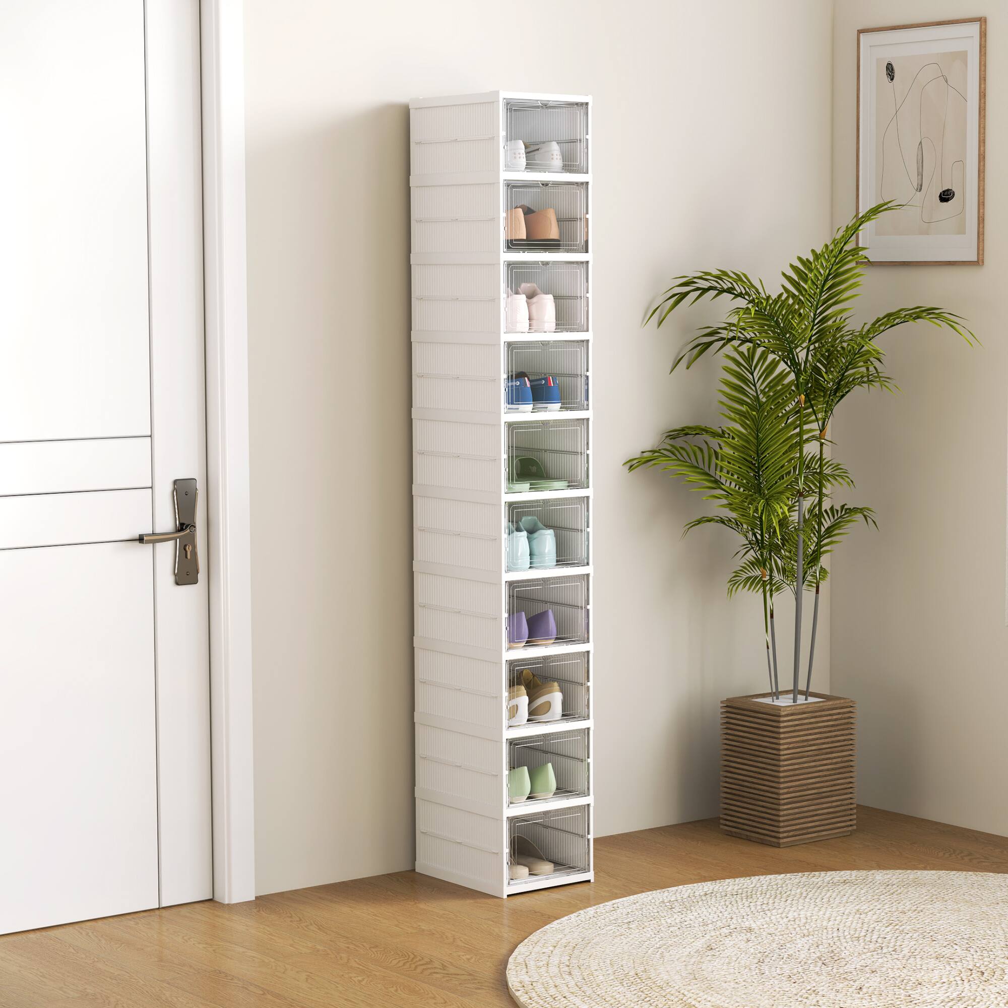 Alt View 2. Homcom - 10 Pack Foldable Shoe Organizer, Plastic No Assembly Stackable Shoe Storage Box with Clear Door, Space Saving - White.