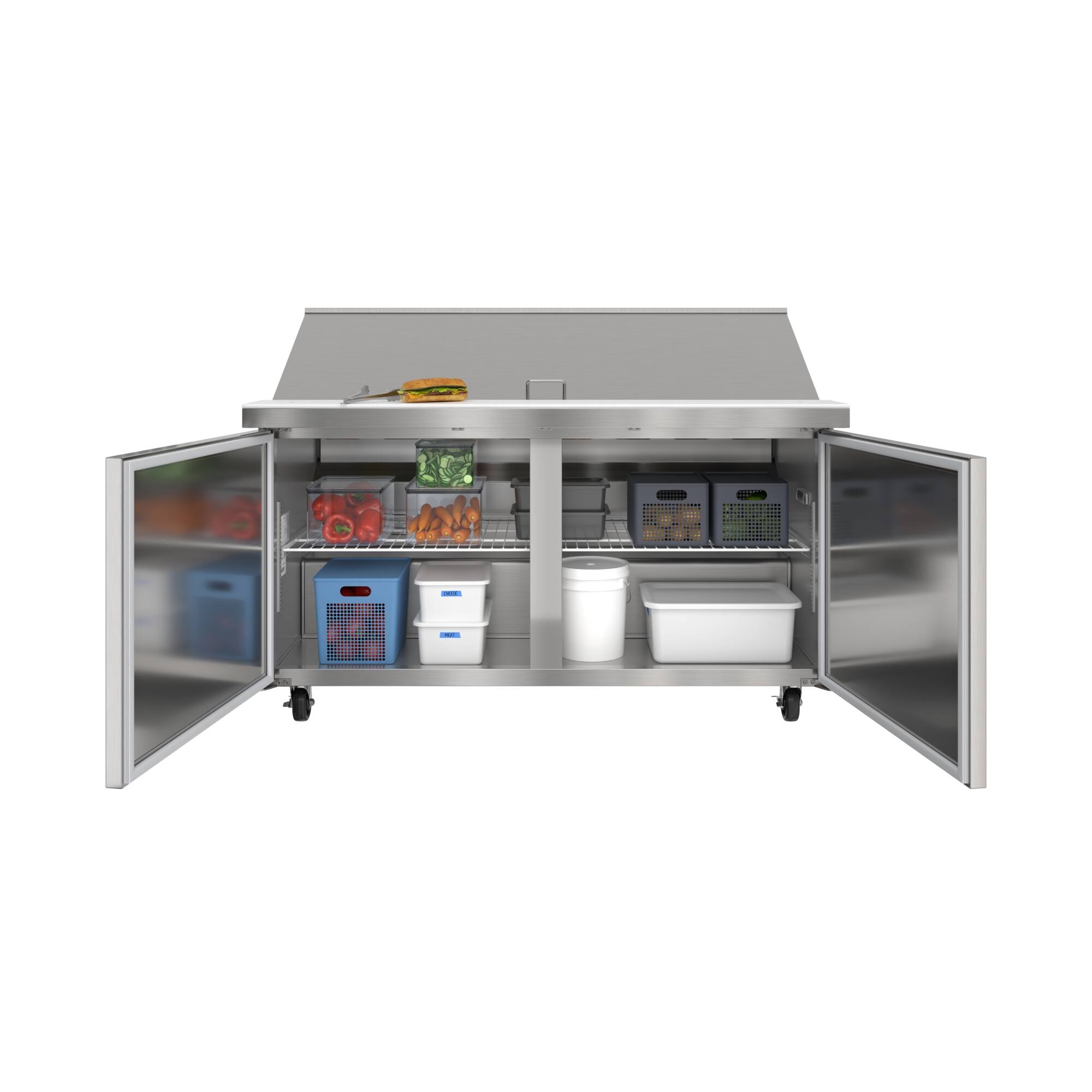 Angle. Koolmore - 60 in. Commercial 2-Door Refrigerated Mega Salad and Sandwich Prep Table, 24 Pan Capacity and 18.4 Cu. Ft. of Storage - Stainless steel.