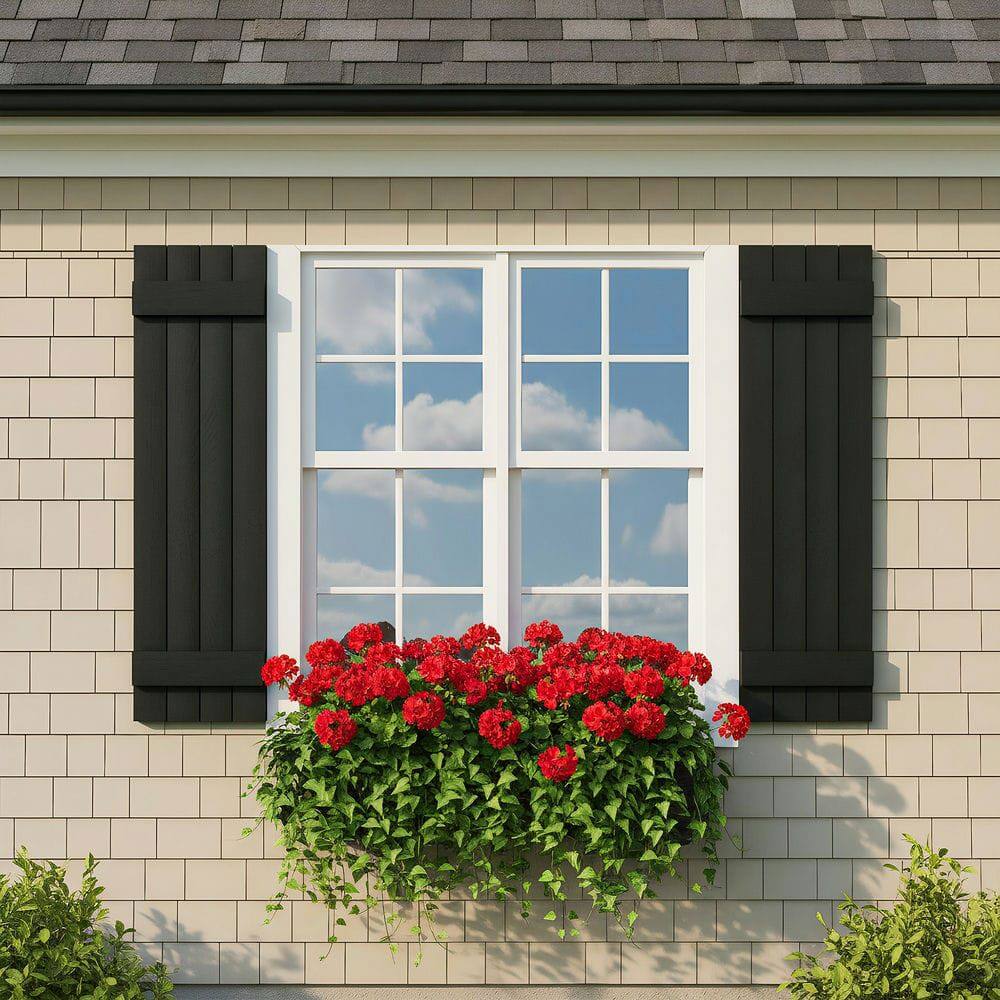 Front. Kadyn - Classic Board & Batten Faux Shutters with 2 Horizontal Bars for Timeless and Durable Exterior Elegance, 14"x43", Black - Black.