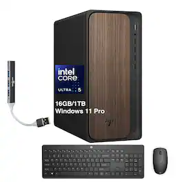 HP - Upgraded - OmniDesk Desktop (Ultra 5 225, 16GB, 1TB SSD, Intel Graphics, WiFi 6, Bluetooth 5.4, Win 11 Pro) w/USB Hub - Dark Wood