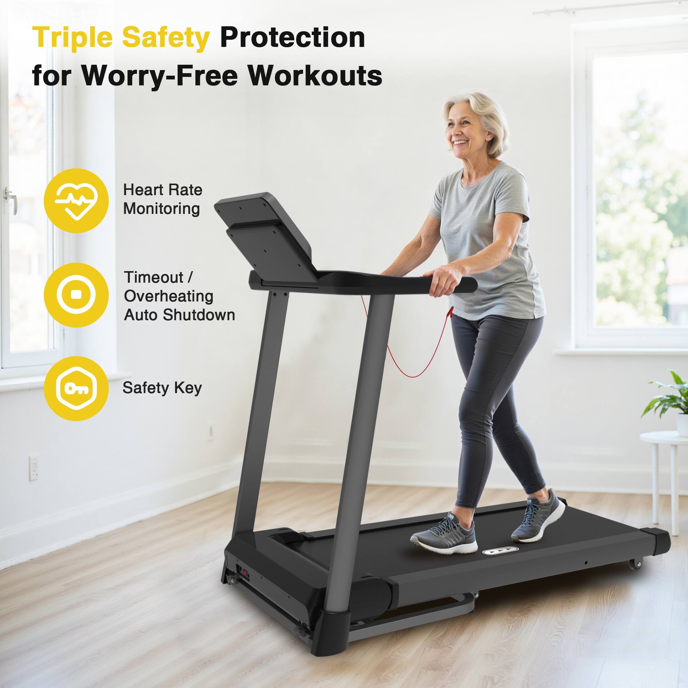 Triple Safety Protection for Worry-Free Workouts

- Heart Rate Monitoring
- Timeout / Overheating Auto Shutdown
- Safety Key