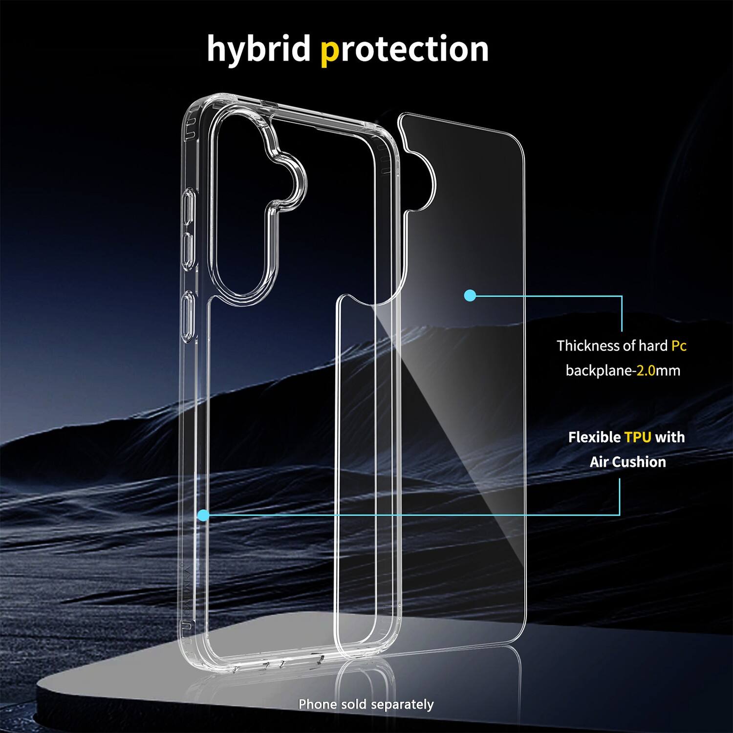 hybrid protection

Thickness of hard Pc backplane-2.0mm

Flexible TPU with Air Cushion

Phone sold separately