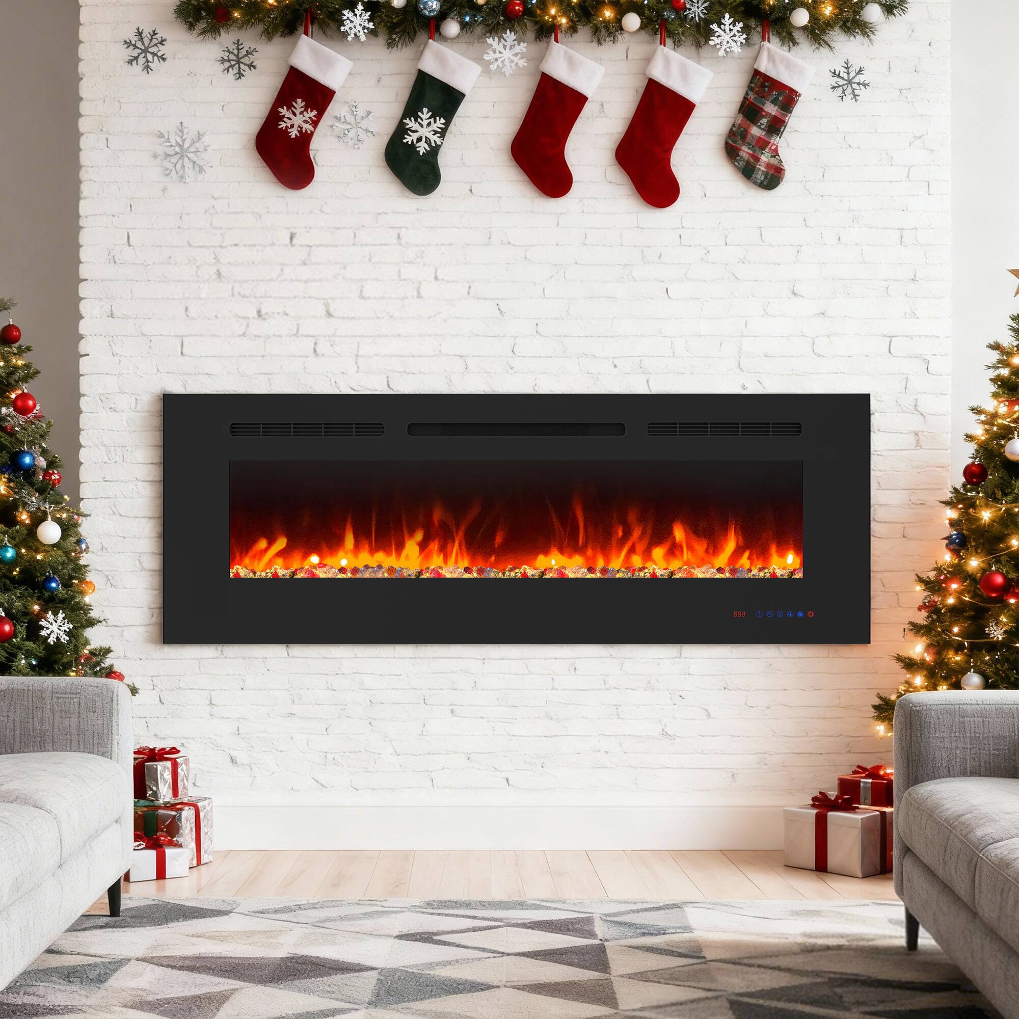 Front. Ihomeadore - 50" Electric Wall-Mounted Recessed Fireplace Insert with Remote, Adjustable Flame Color & Speed - Black.