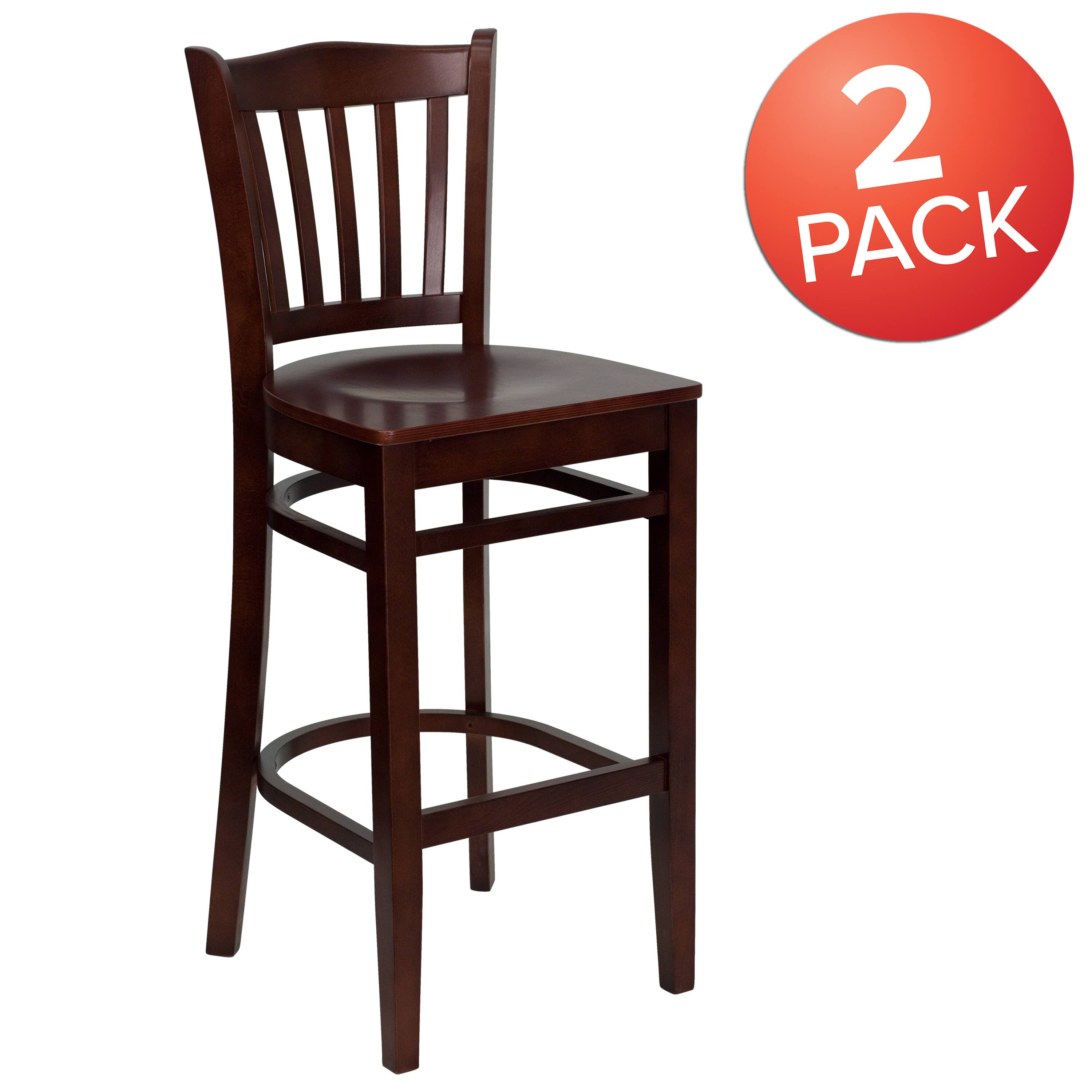 Alt View 1. Emma + Oliver - 2 Pack Vertical Slat Back Wooden Restaurant Barstool - Mahogany Wood Seat/Mahogany Wood Frame.