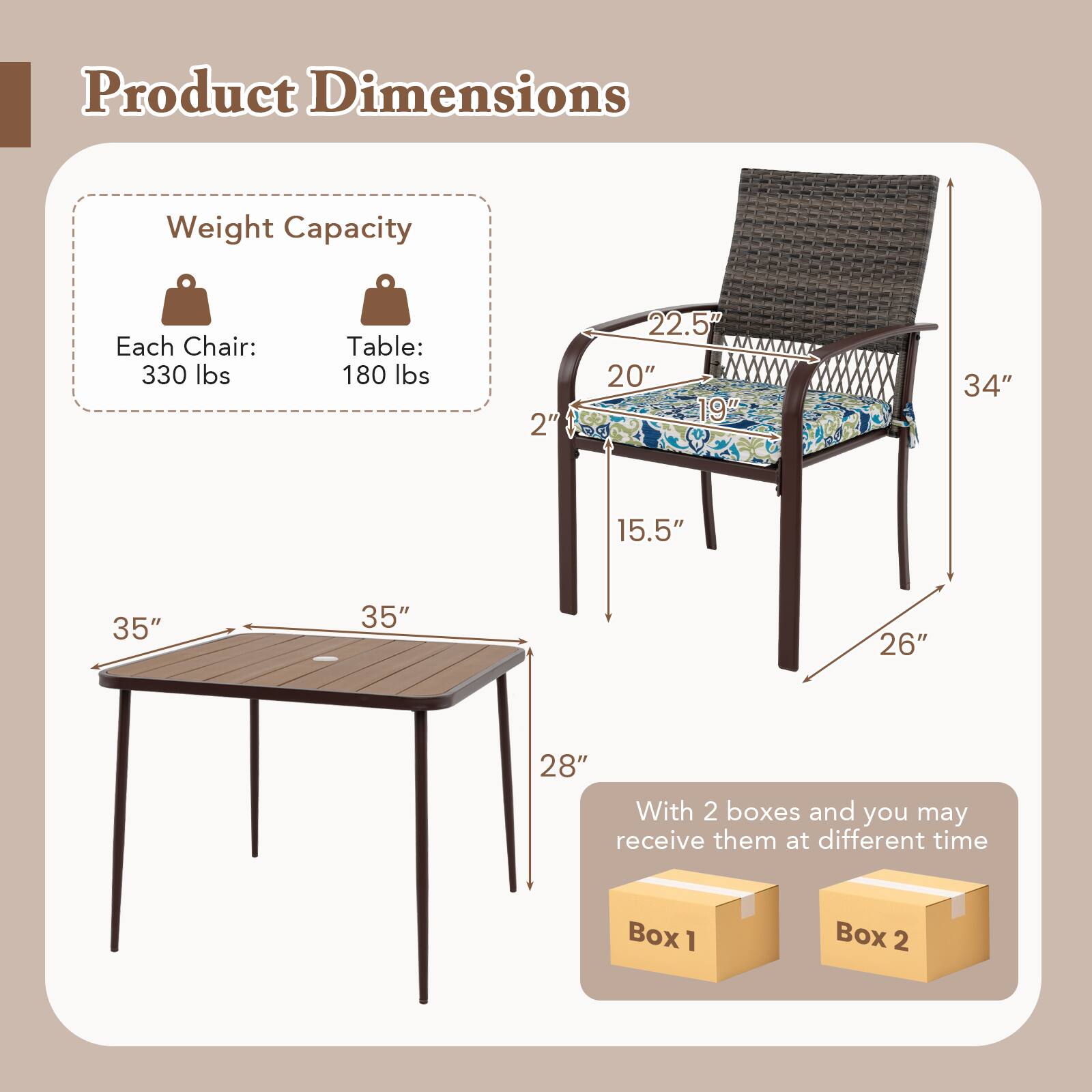 Product Dimensions:
- Weight Capacity: 330 lbs for each chair and 180 lbs for the table.
- Size: 22.5" x 20" x 19" for the chair and 34" x 15.5" x 35" for the table.
- Material: 2" thick wicker.
- With 2 boxes, you may receive them at different times.