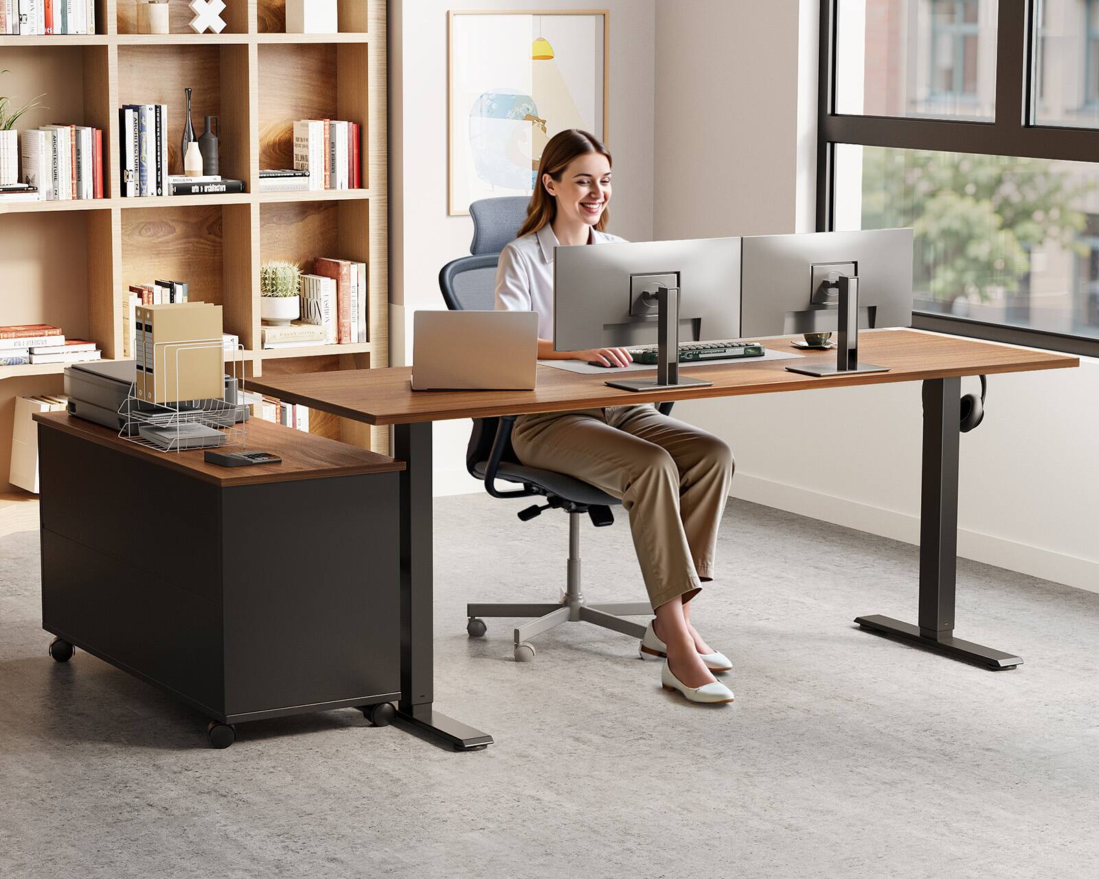 Alt View 1. OffiGo - L Shaped Electric Standing Desk with Drawers & File Cabinet, Height Adjustable Computer Desk for Home Office - Walnut+black.