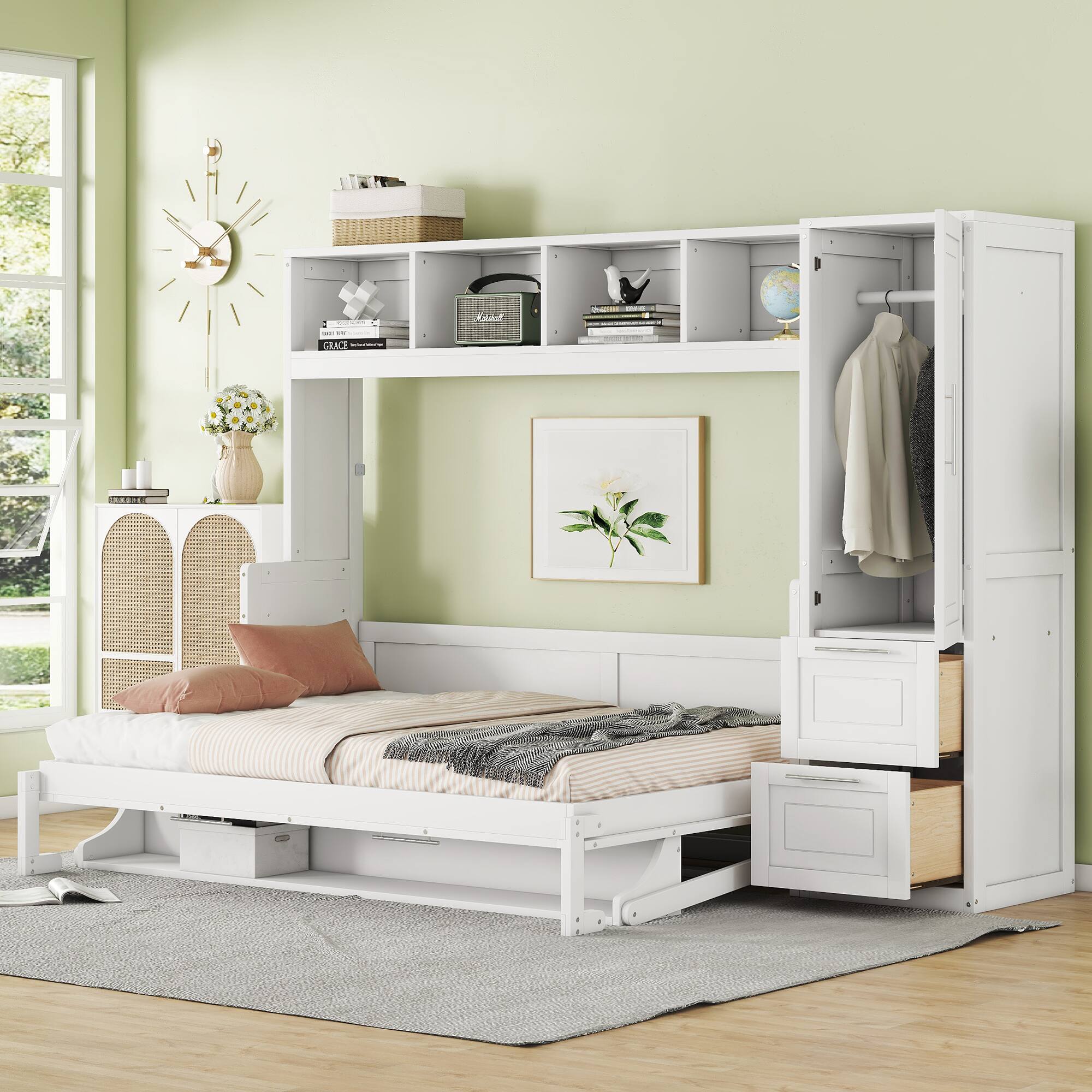 Angle. Tiramisubest - Full Size White Murphy Bed Wall Bed with Closet & Drawers, MDF+LVL, 108x58x72", 292 lbs - White.
