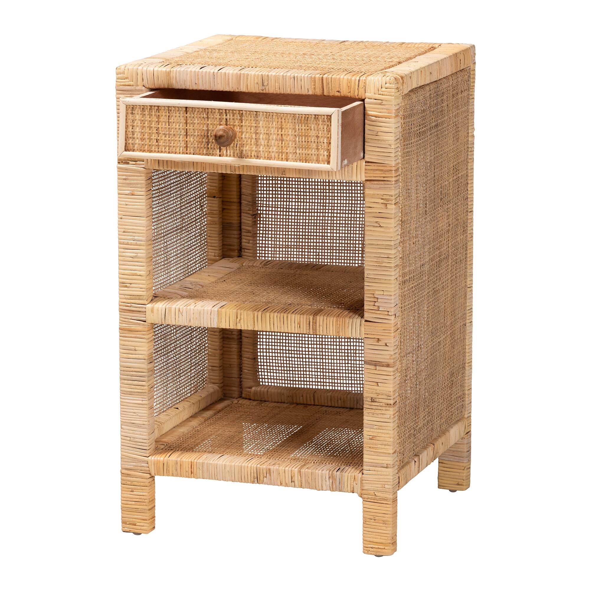 Angle. bali & pari - Bella Modern Bohemian Mahogany Wood and Natural Rattan 1-Drawer Nightstand - Mahogany Wood/Plywood(Drawer)/Natural Rattan.