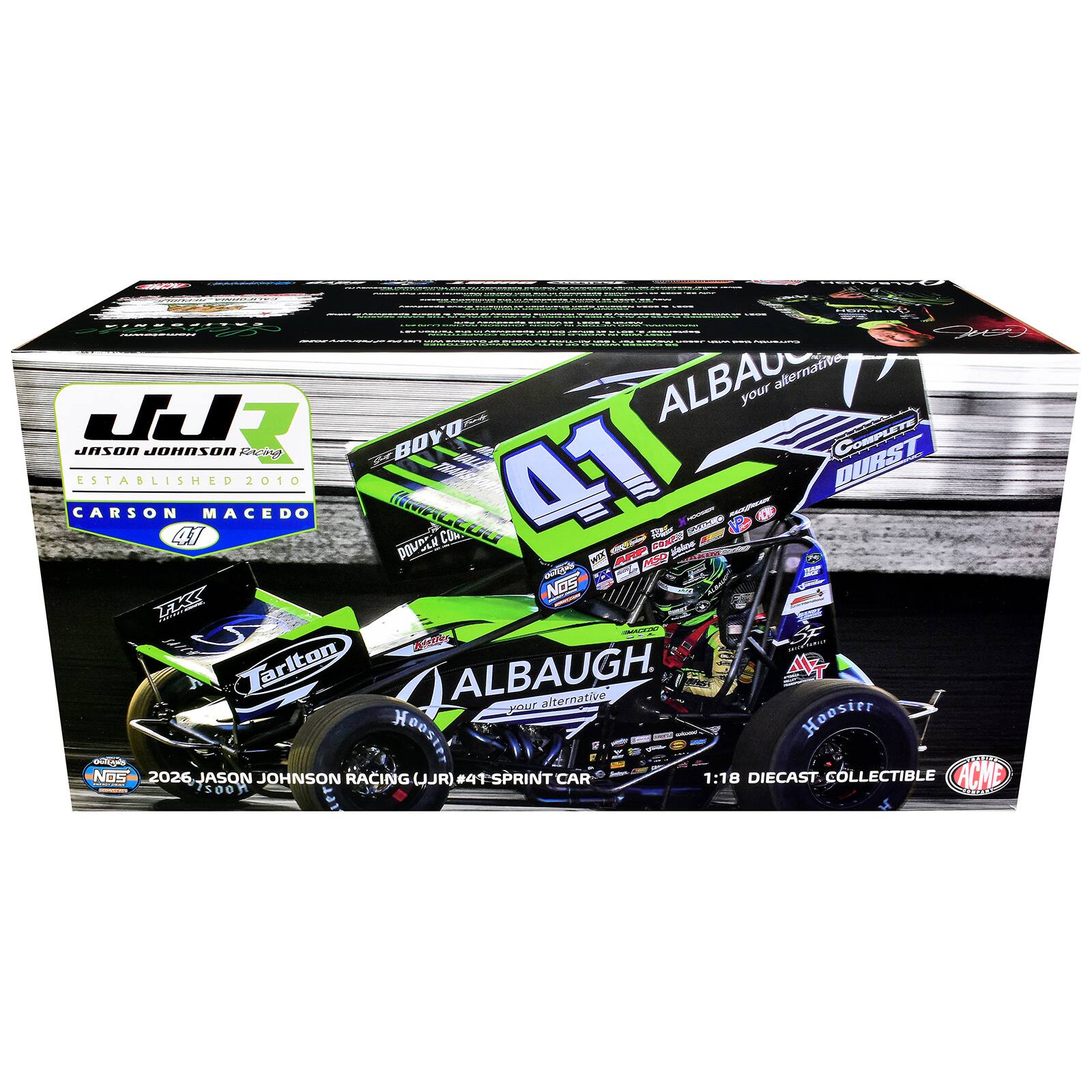 JJR  
Jason Johnson Racing  
Established 2010  
Carson Maceo  

41  
ALBAUGH  
your alternative  

2026 Jason Johnson Racing (UJR) #41 Sprint Car  
1:18 Diecast Collectible