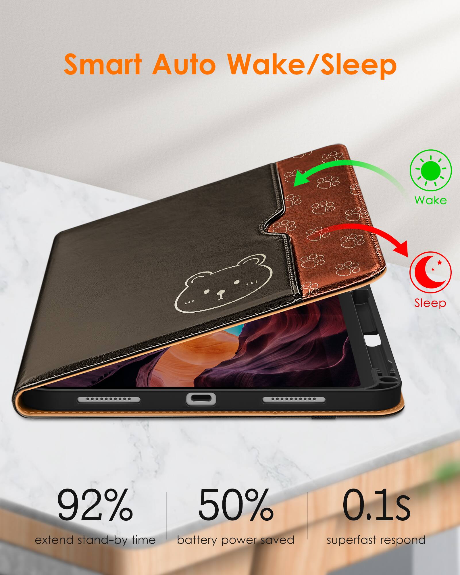 Smart Auto Wake/Sleep

- 92% extend stand-by time
- 50% battery power saved
- 0.1s superfast respond

Wake
Sleep