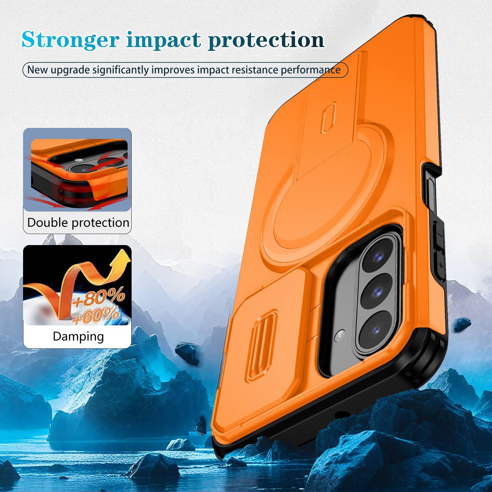 Stronger impact protection  
New upgrade significantly improves impact resistance performance  

Double protection  

+80%  
+60%  

Damping