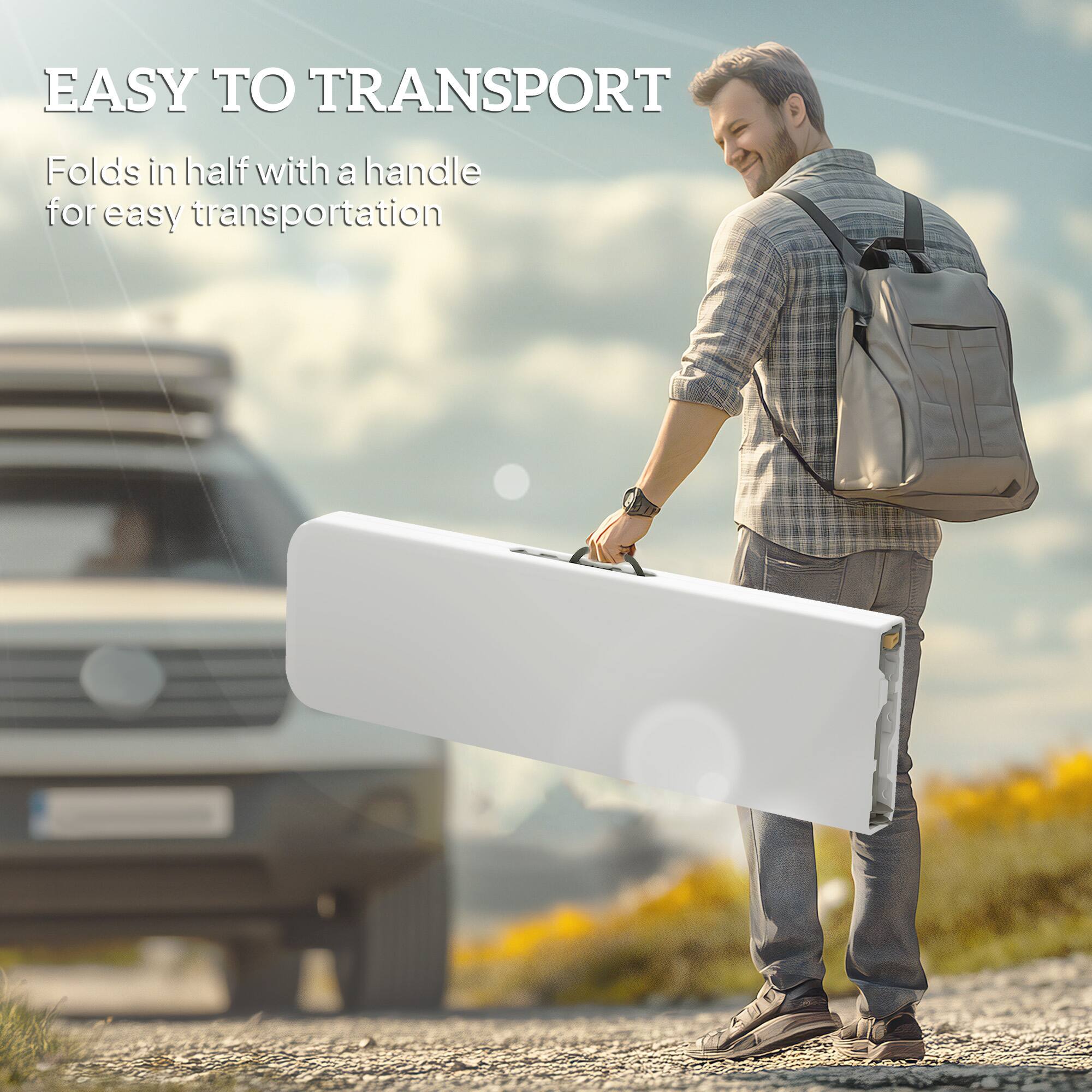 EASY TO TRANSPORT
Folds in half with a handle for easy transportation