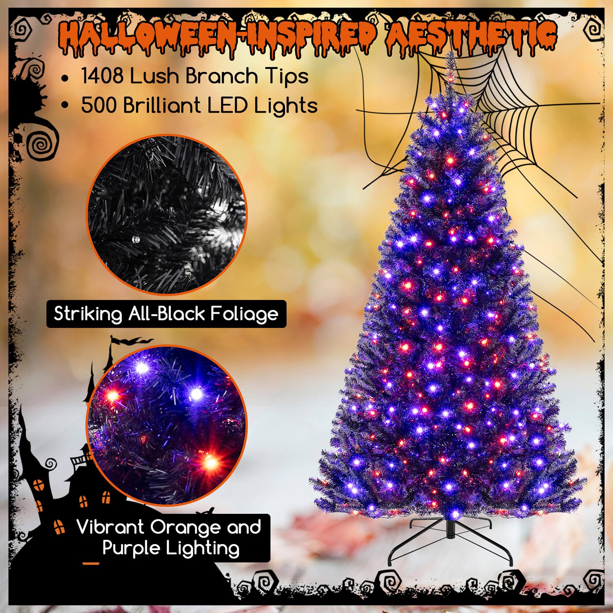 Halloween-Inspired Aesthetic

- 1408 Lush Branch Tips
- 500 Brilliant LED Lights

Striking All-Black Foliage

Vibrant Orange and Purple Lighting