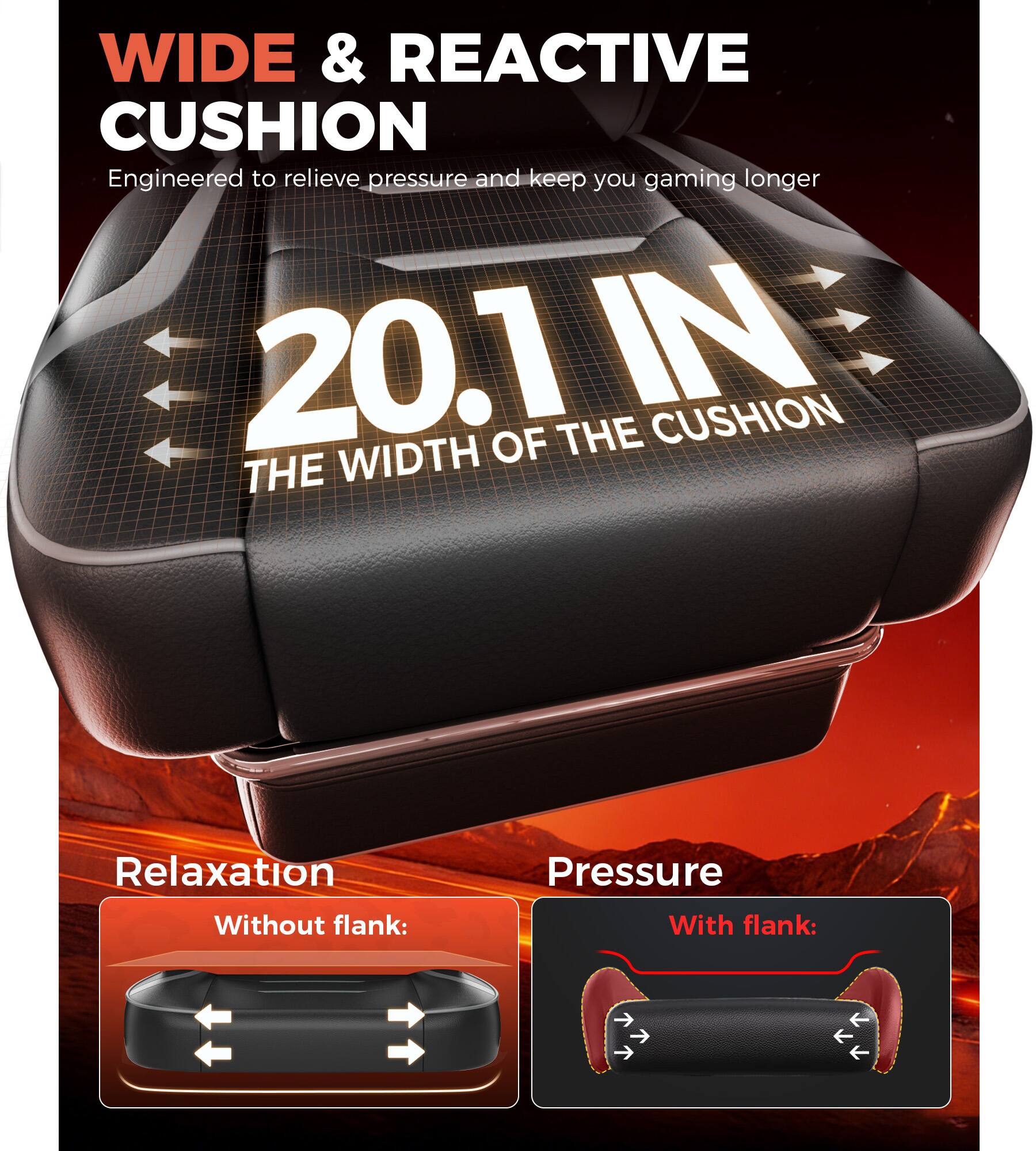 WIDE & REACTIVE CUSHION  
Engineered to relieve pressure and keep you gaming longer  

20.1 IN  
THE WIDTH OF THE CUSHION  

Relaxation  
Without flank:  

Pressure  
With flank: