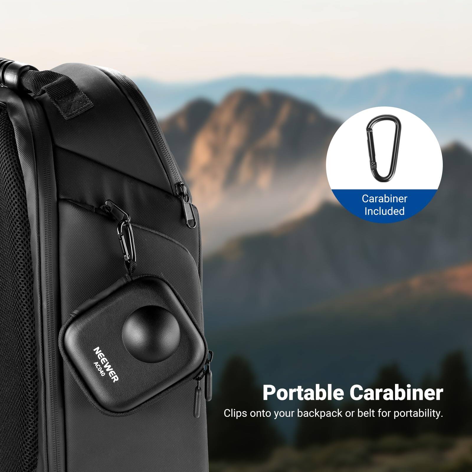 Carabiner Included

NEEWER AC040 Portable Carabiner Clips onto your backpack or belt for portability.