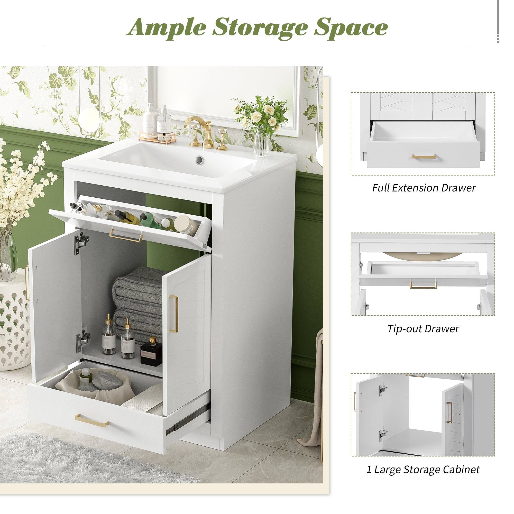 Ample Storage Space

- Full Extension Drawer
- Tip-out Drawer
- 1 Large Storage Cabinet