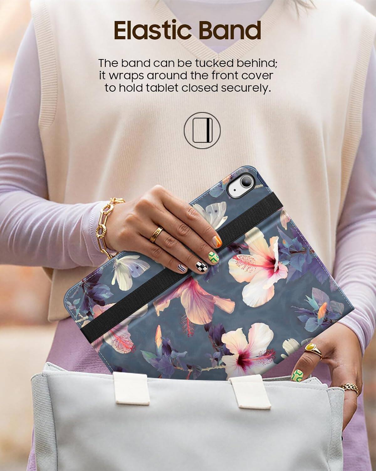 Elastic Band  
The band can be tucked behind; it wraps around the front cover to hold tablet closed securely.