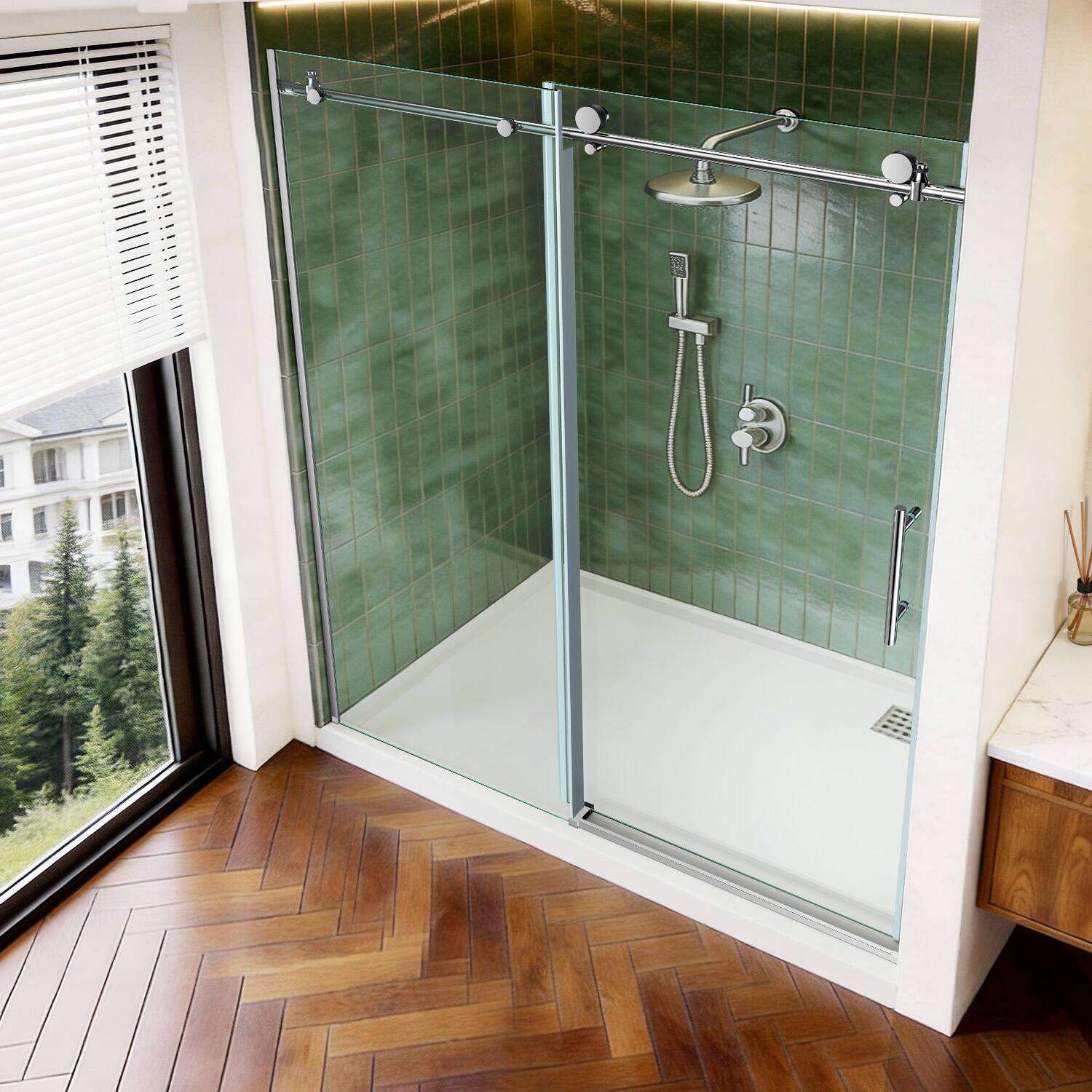 Left. Koligey - 56-60"W x 76"H Semi-Frameless Sliding Shower Door-10mmTempered Glass|Stainless SteelAnti-Rust Hardware - sliver.