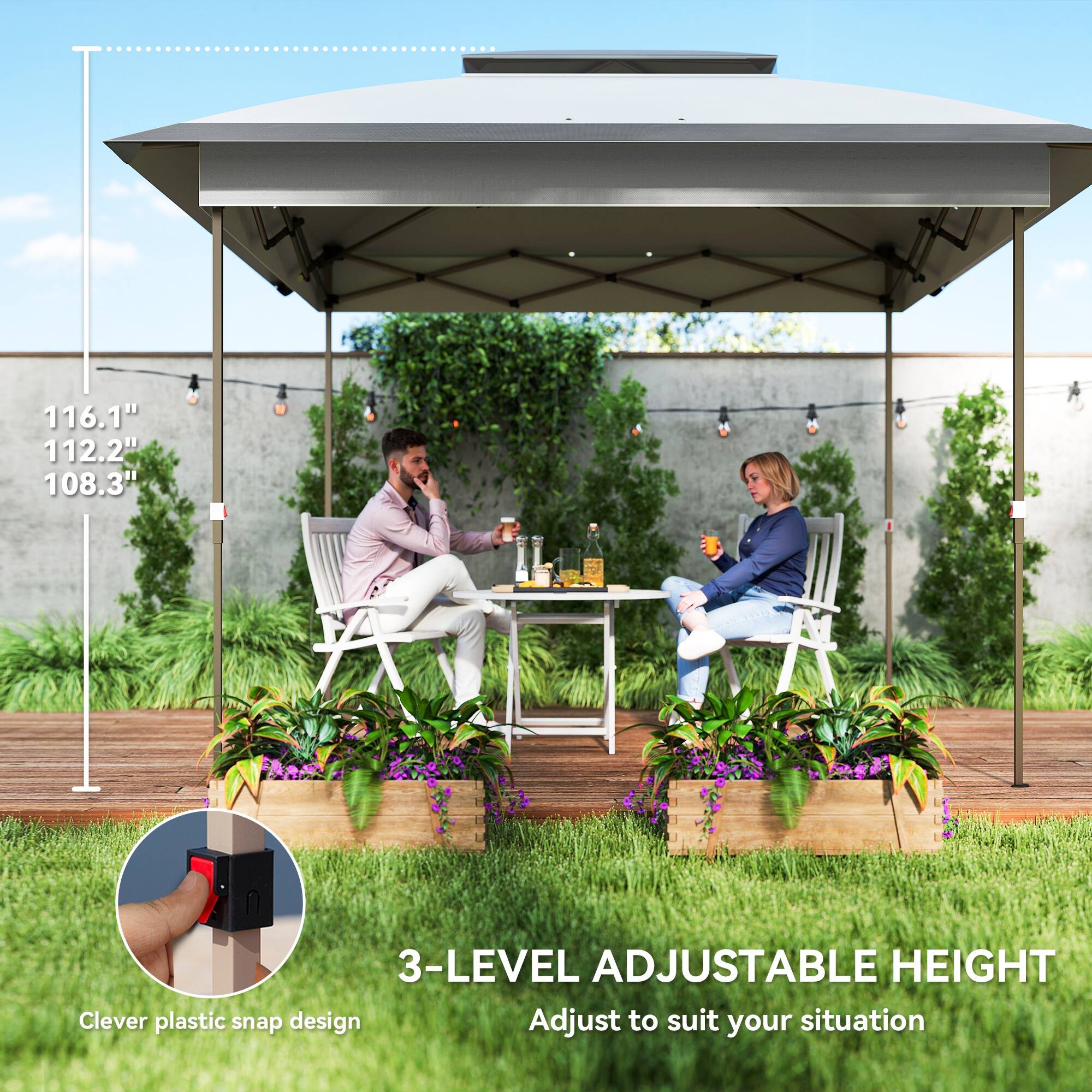 116.1"  
112.2"  
108.3"  

3-LEVEL ADJUSTABLE HEIGHT  
Adjust to suit your situation  

Clever plastic snap design