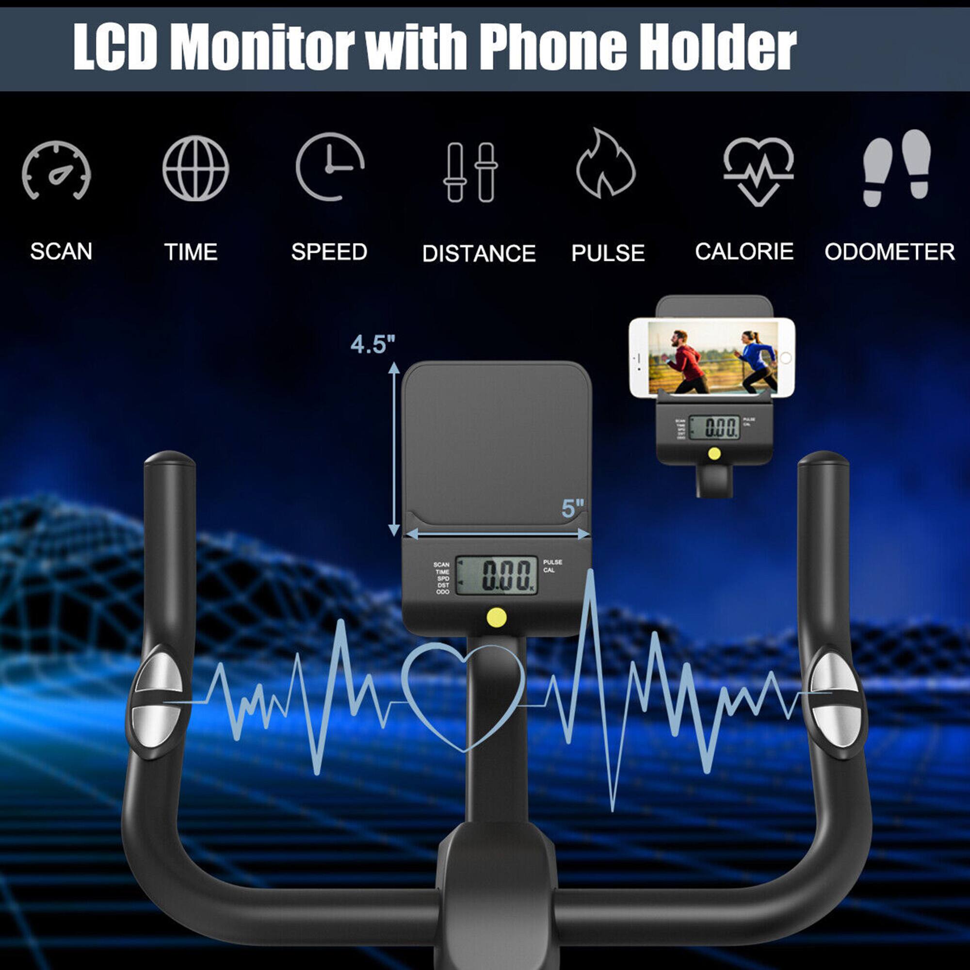 LCD Monitor with Phone Holder:

* Scan Time
* Speed
* Distance
* Pulse
* Calorie
* Odometer
* 4.5"
* 5"